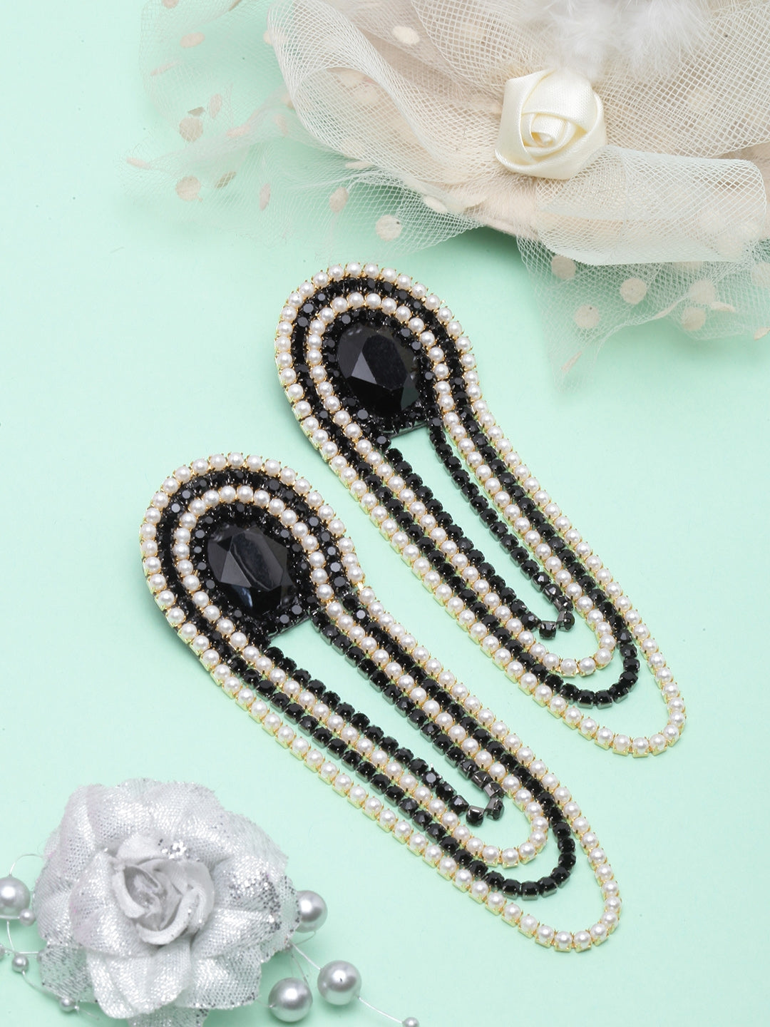 Gold-Plated Black & White Rhinestone Studded Drop Earrings