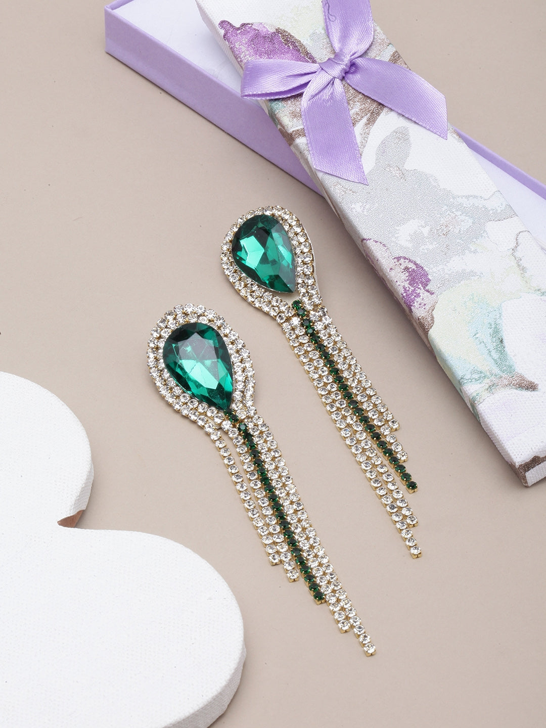 Gold-Plated Green & Transparent Rhinestone Studded Drop Earrings