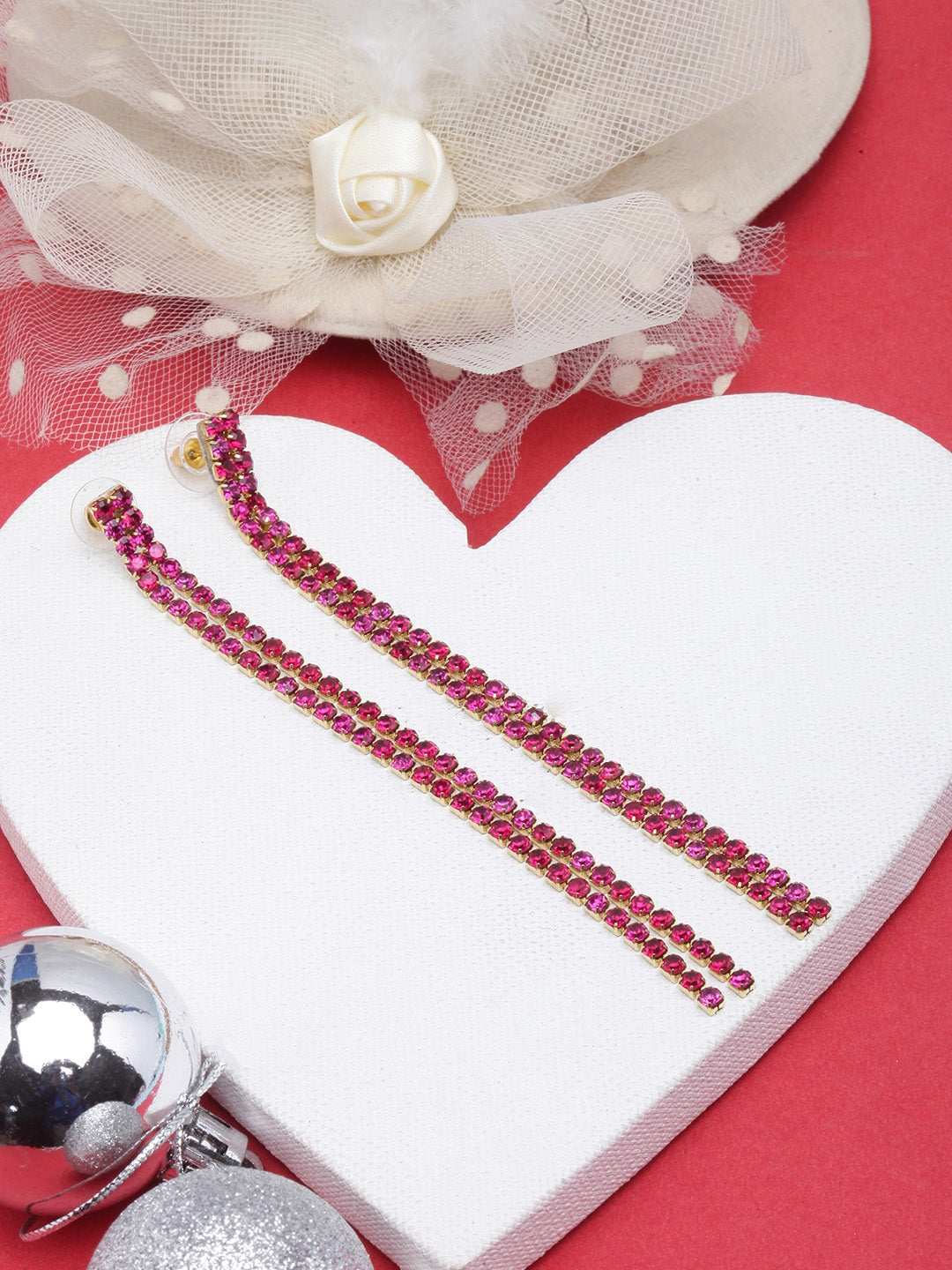 Gold-Plated Pink Rhinestone Studded Drop Earrings