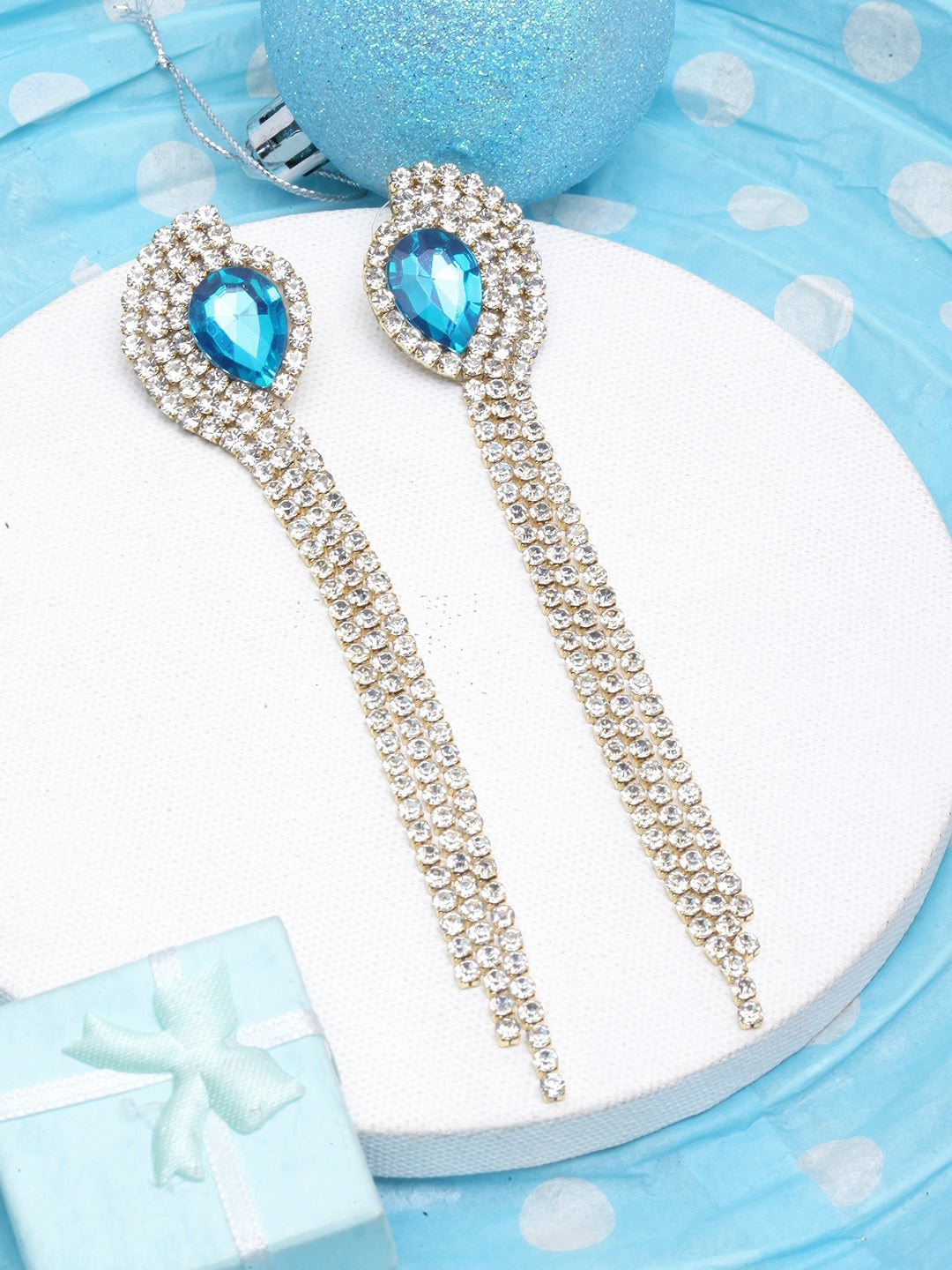 Gold-Plated Blue & Transparent Rhinestone Studded Drop Earrings
