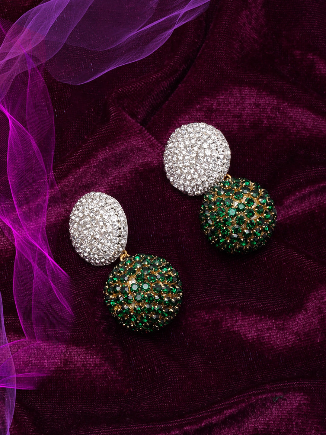 Gold-Plated Silver & Green Circular Rhinestone Studded Drop Earrings