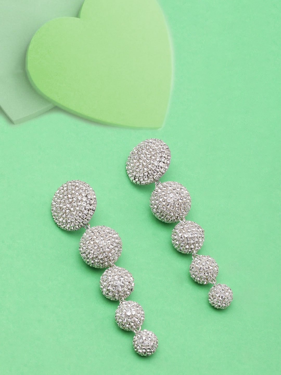 Silver-Plated Circular Rhinestone Studded Drop Earrings