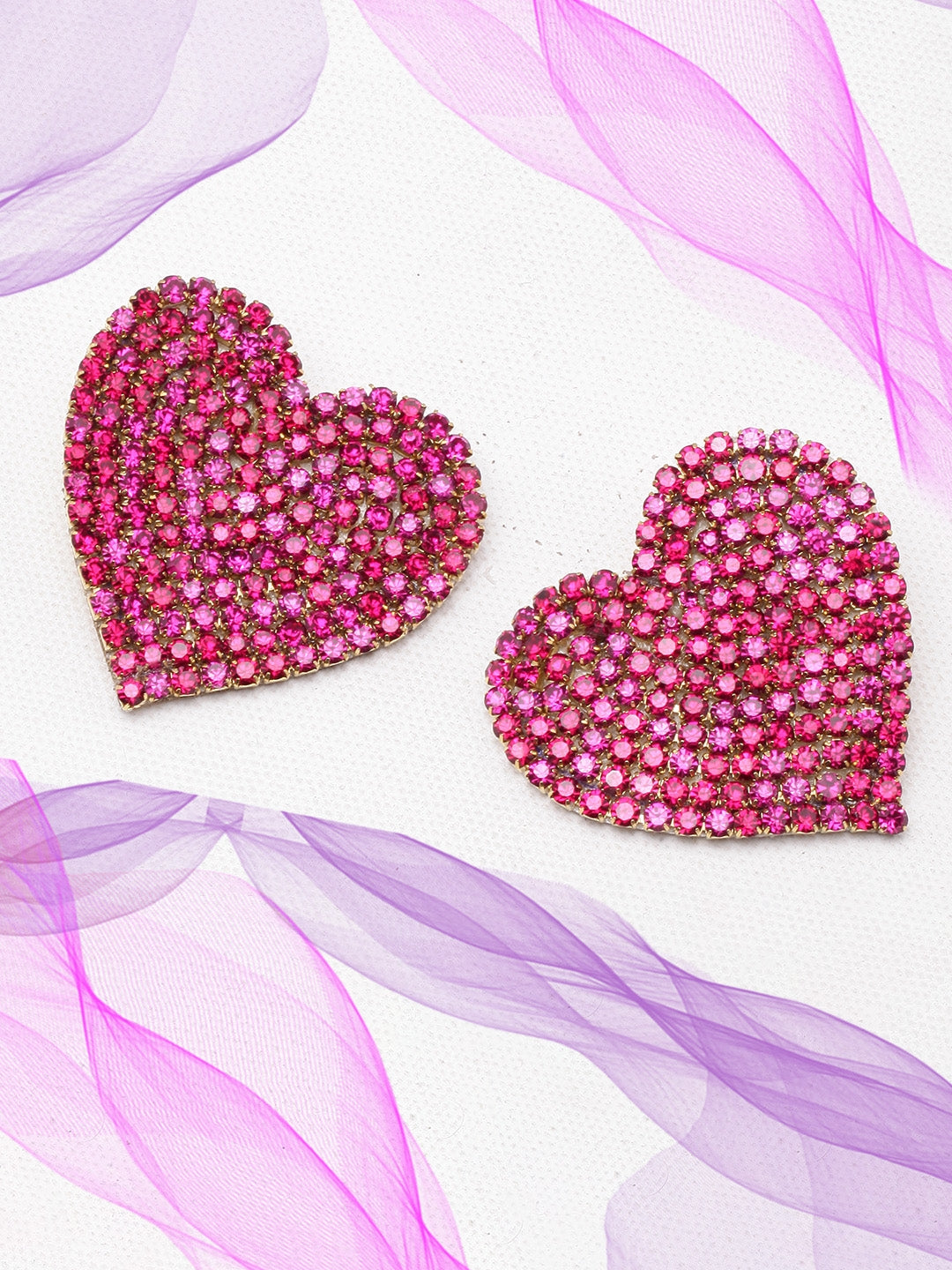 Gold-Plated Pink Rhinestone Studded Heart Shaped Drop Earrings
