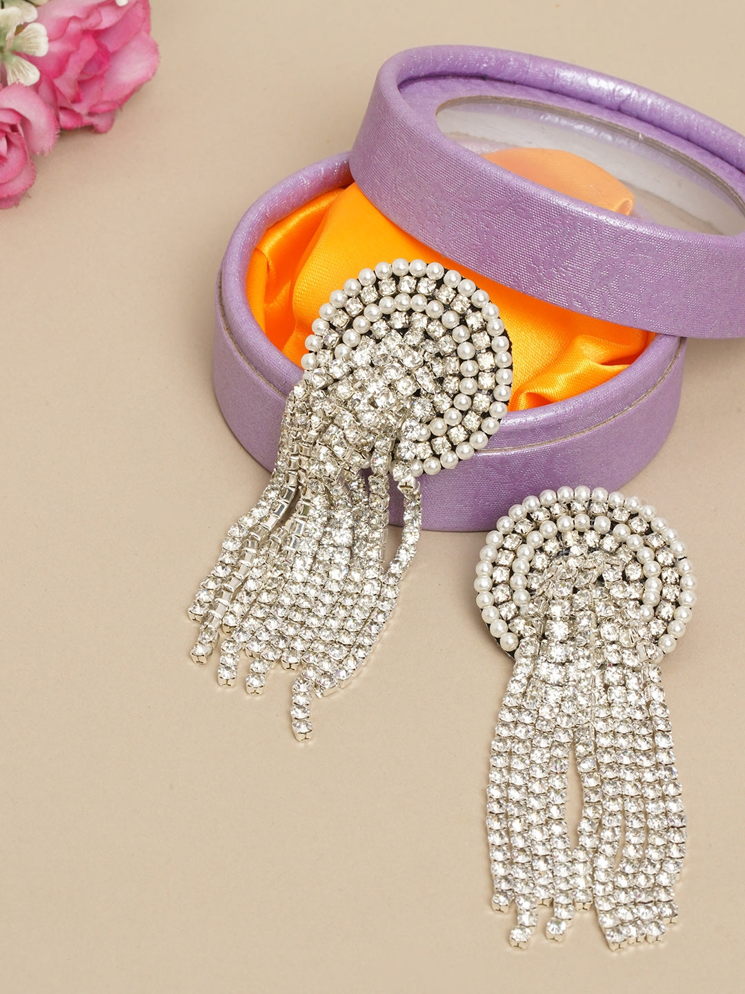 Silver-Plated CZ-Studded Dangler Earrings