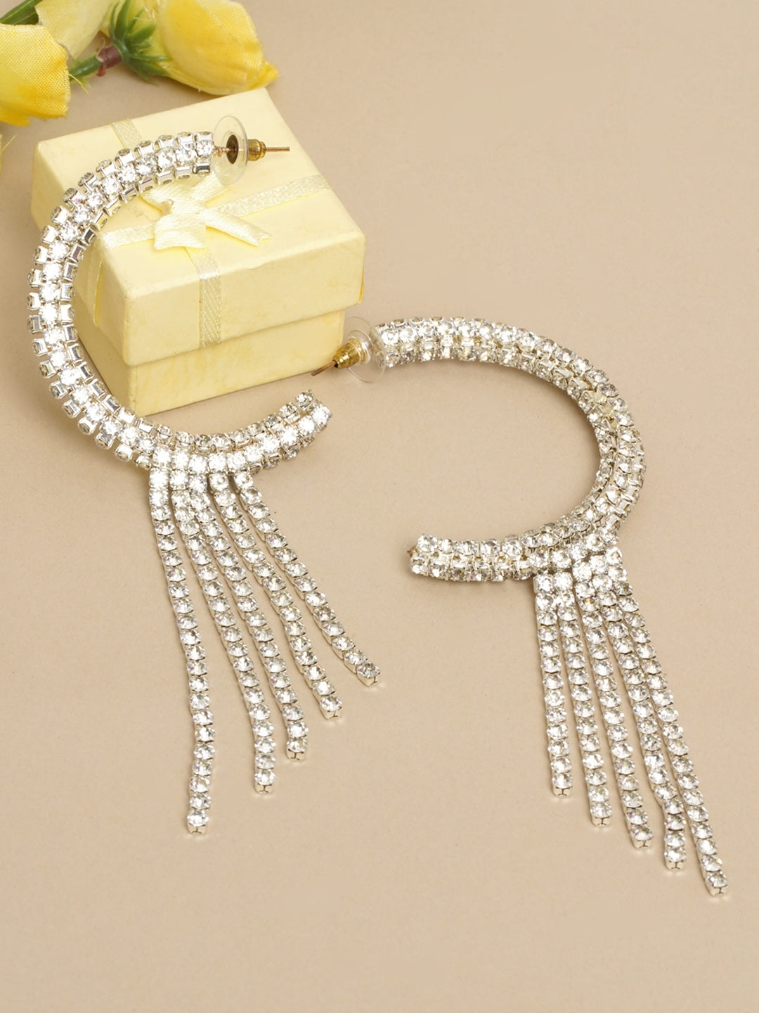 Silver-Plated CZ-Studded Hoop & Dangler Fusion Earrings