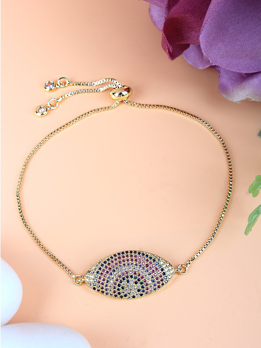 Gold-Plated Green & Pink CZ Studded Bracelet