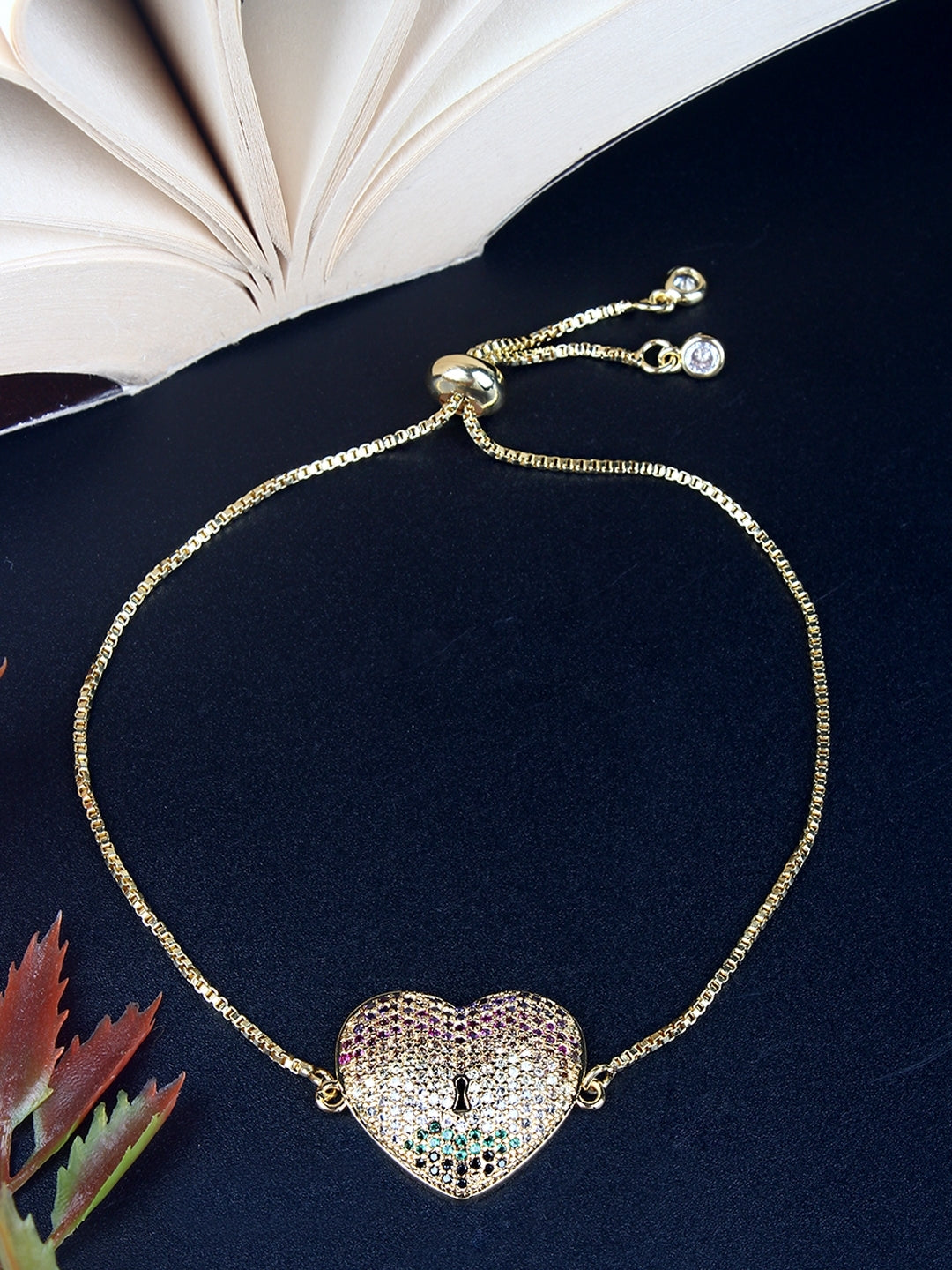 Gold-Plated Purple & Transparent  Heart Shaped CZ Studded Bracelet