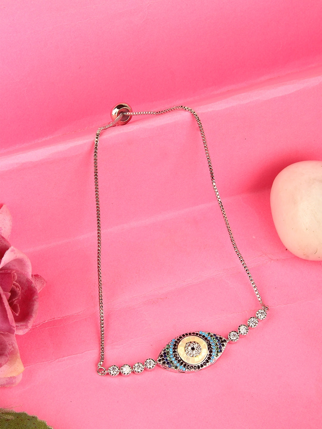 Silver-Plated Black & Blue CZ Studded Bracelet