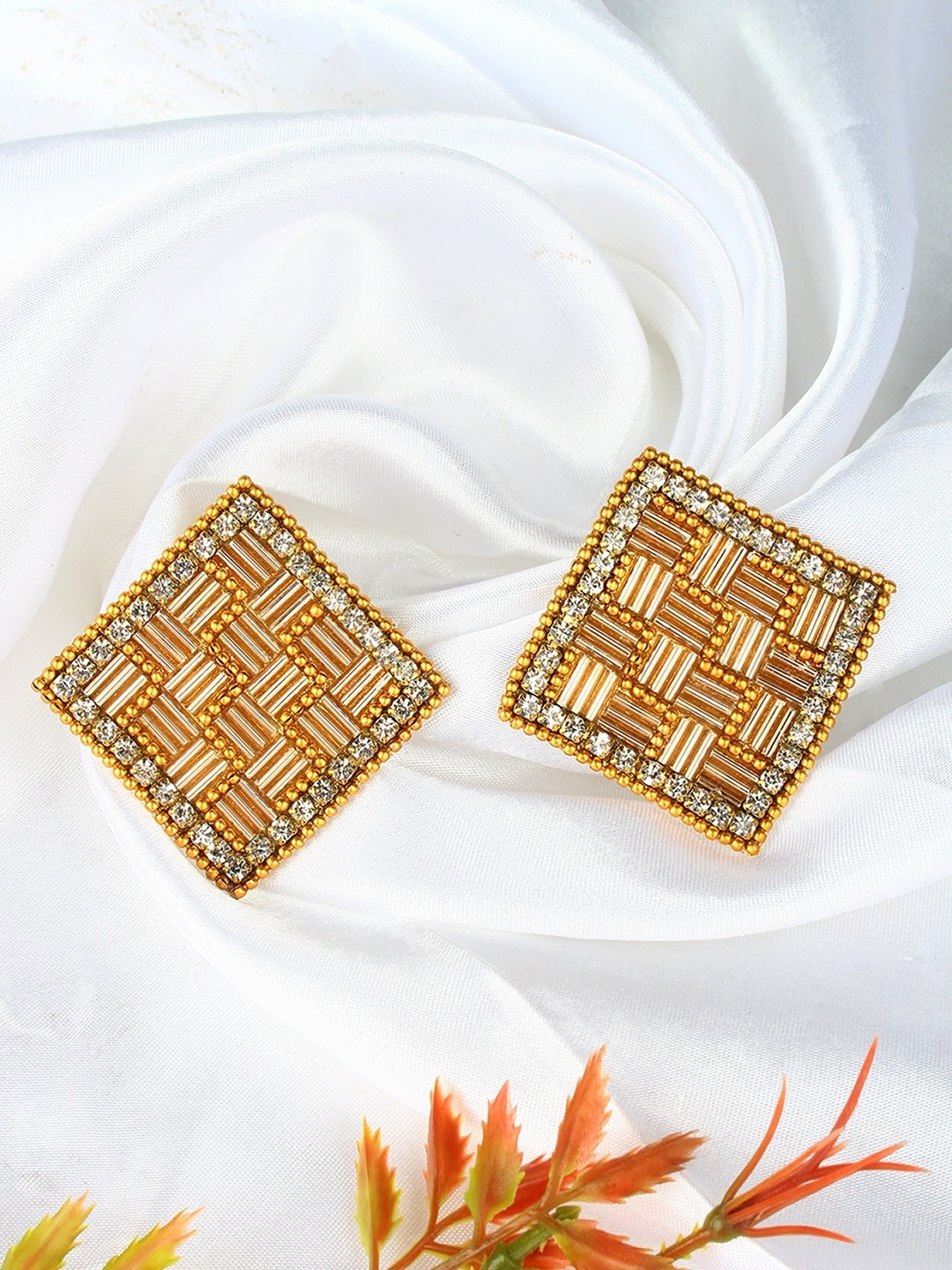 Gold-Plated Gold & Transparent Rhinestone Studded Contemporary Brass Studs
