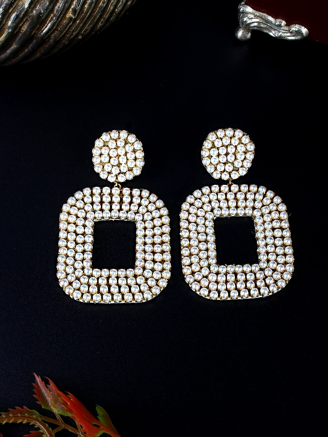 Gold-Plated Gold & White Rhinestone Studded Contemporary Brass Drop Earrings