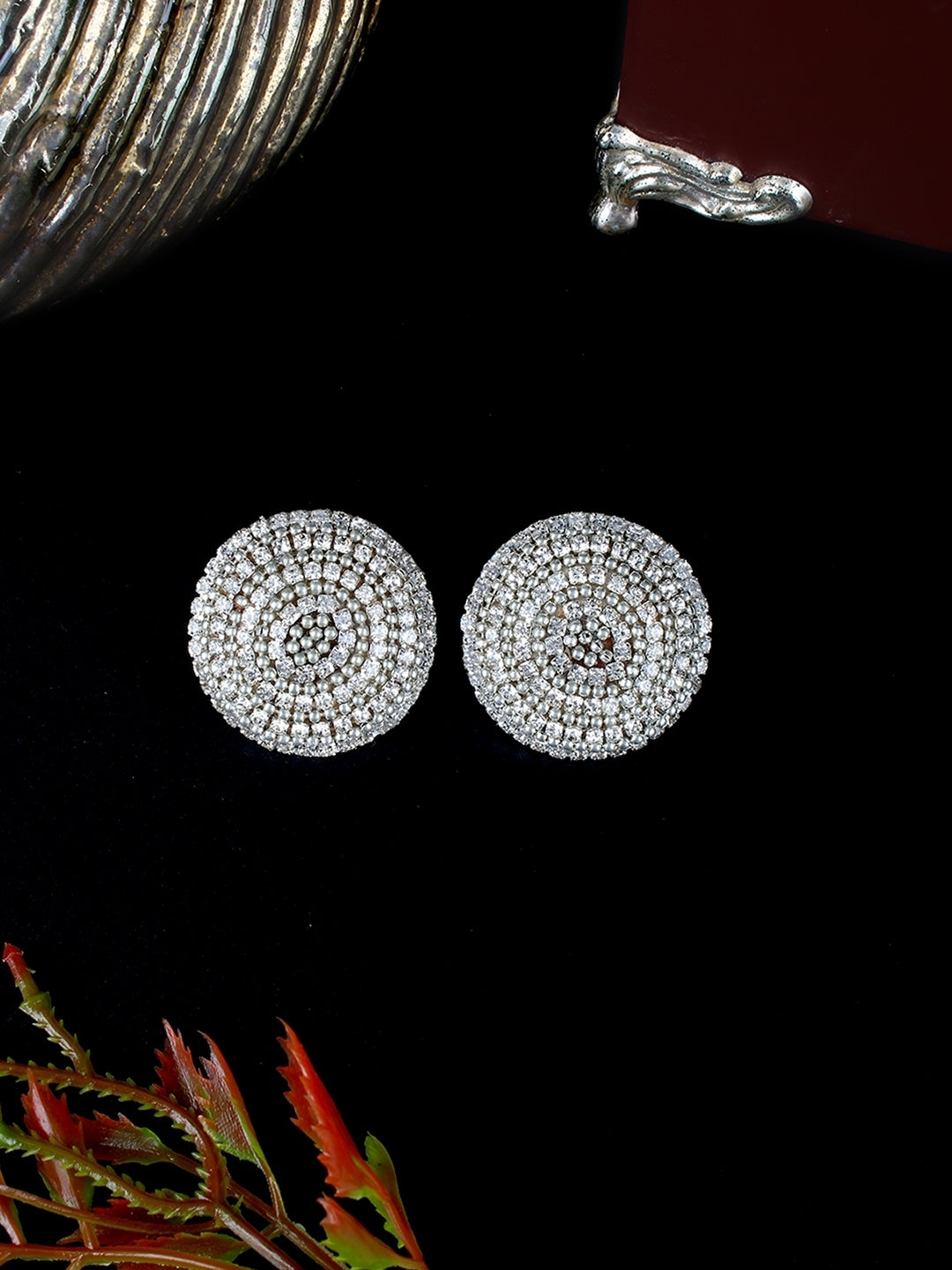 Silver-Plated Silver & Transparent Rhinestone Studded Contemporary Brass Studs