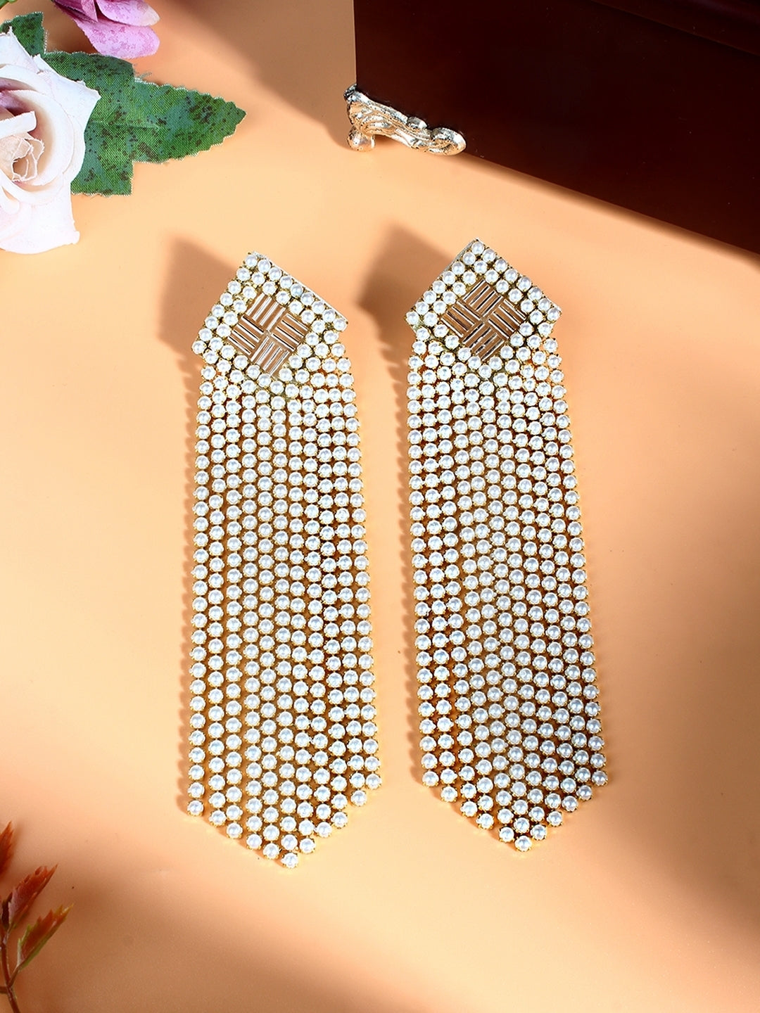 Gold-Plated Gold & White Rhinestone Studded Contemporary Brass Drop Earrings