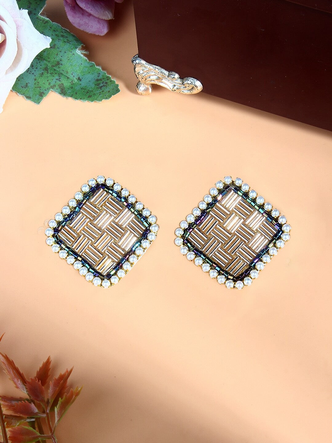 Gold-Plated Multi Glass Bead Stud Earrings