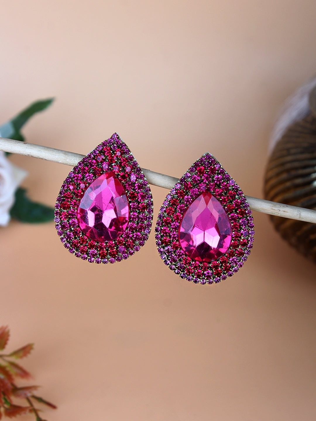 Silver-Plated Silver & Pink Rhinestone Studded Contemporary Brass Studs