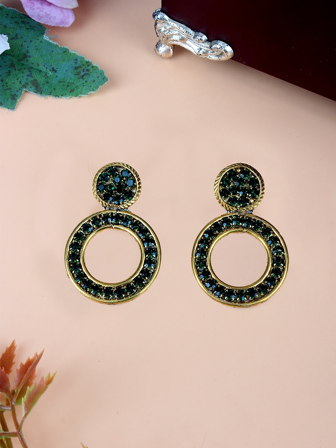 Gold-Plated Gold & Green Rhinestone Studded Contemporary Brass Studs