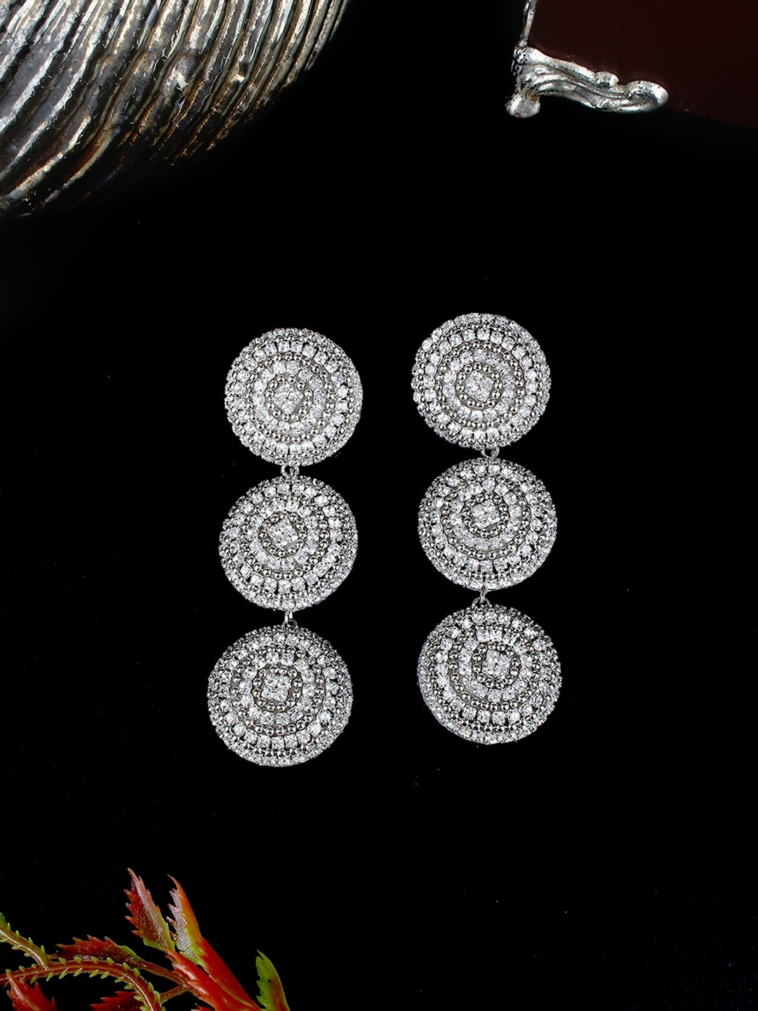 Silver-Plated Silver & Transparent Rhinestone Studded Contemporary Brass Drop Earrings