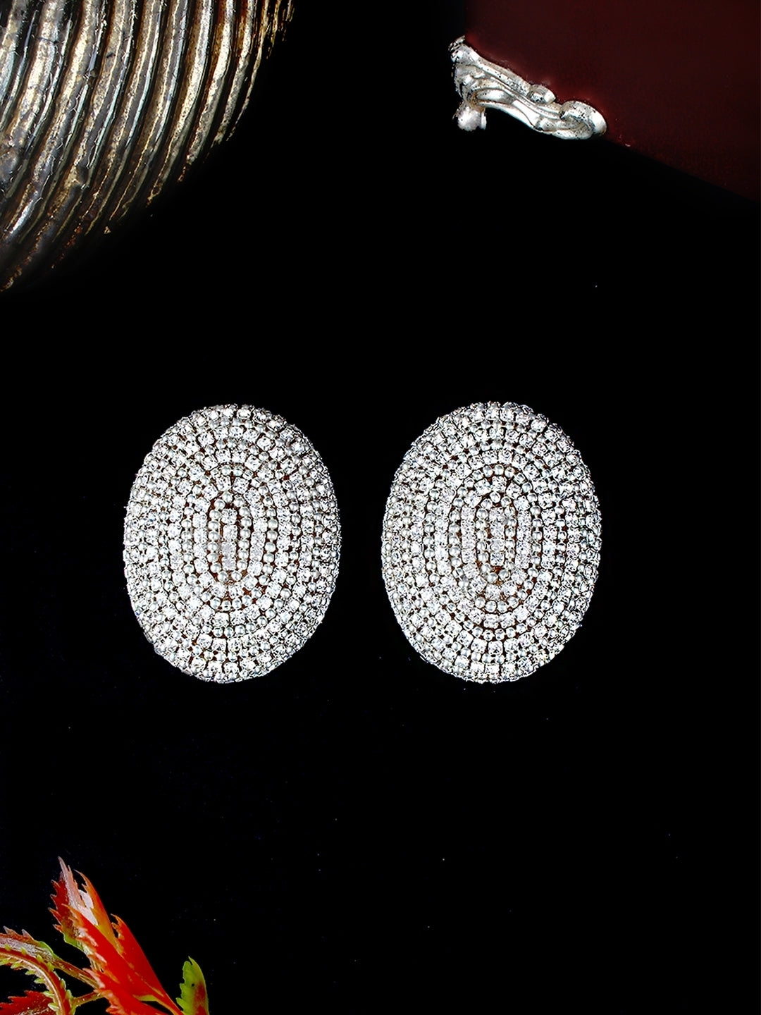 Silver-Plated Silver & Transparent Rhinestone Studded Contemporary Brass Studs