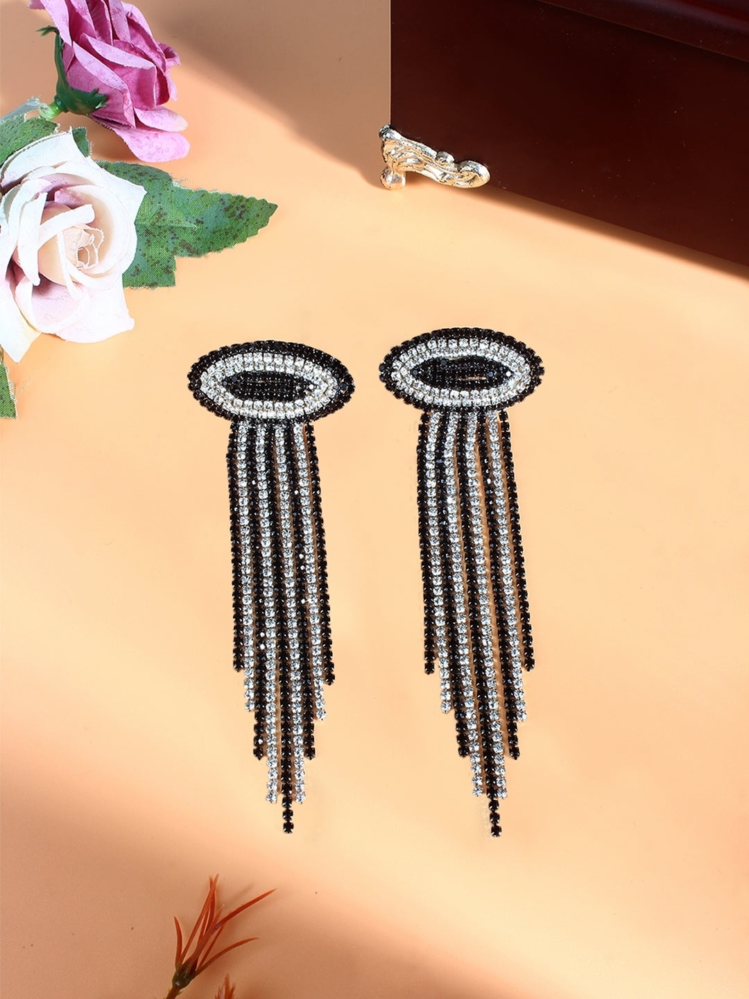 Silver-Plated Silver & Transparent Rhinestone Studded Contemporary Brass Drop Earrings