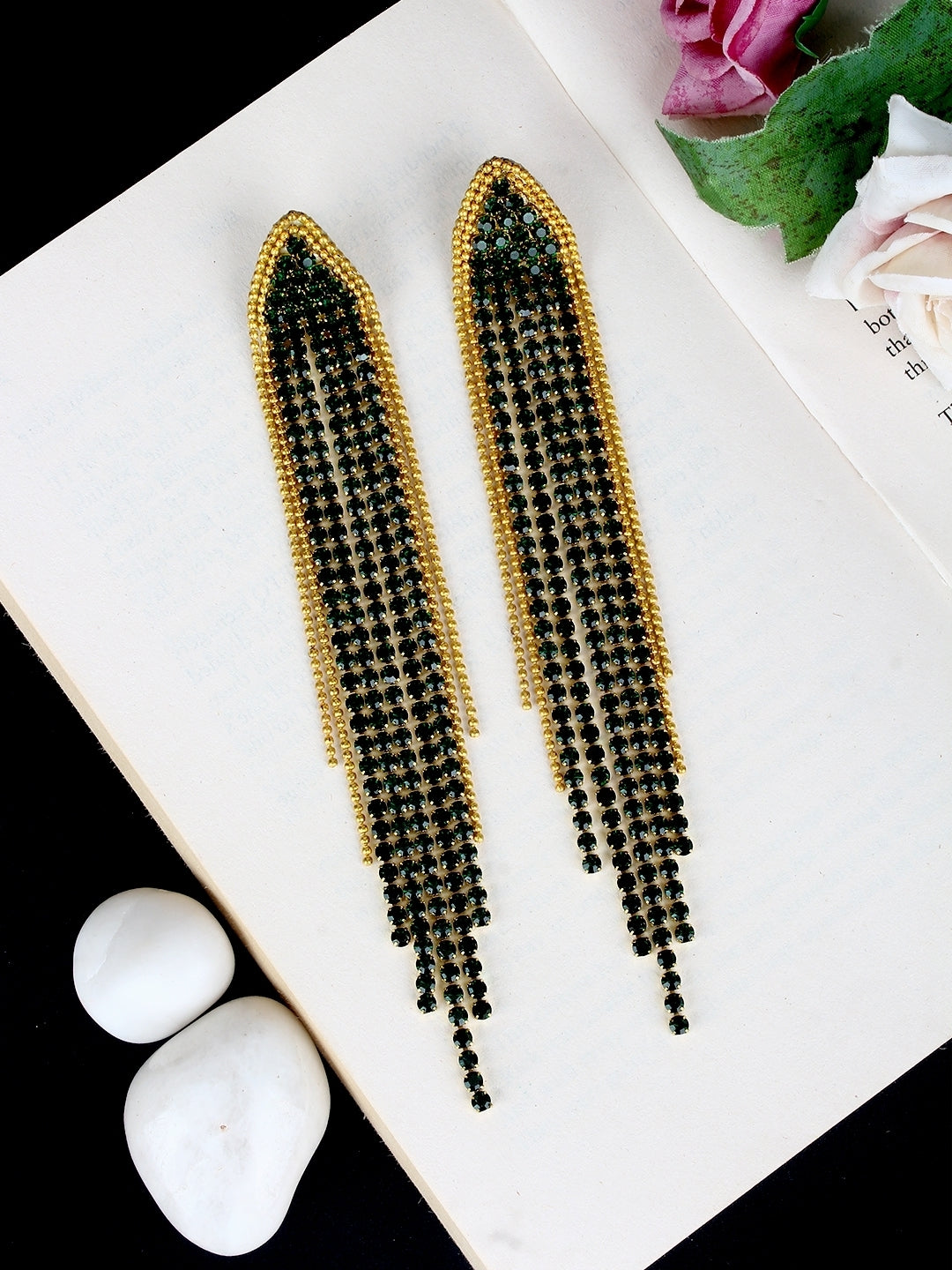 Gold-Plated Gold & Green Rhinestone Studded Contemporary Brass Drop Earrings