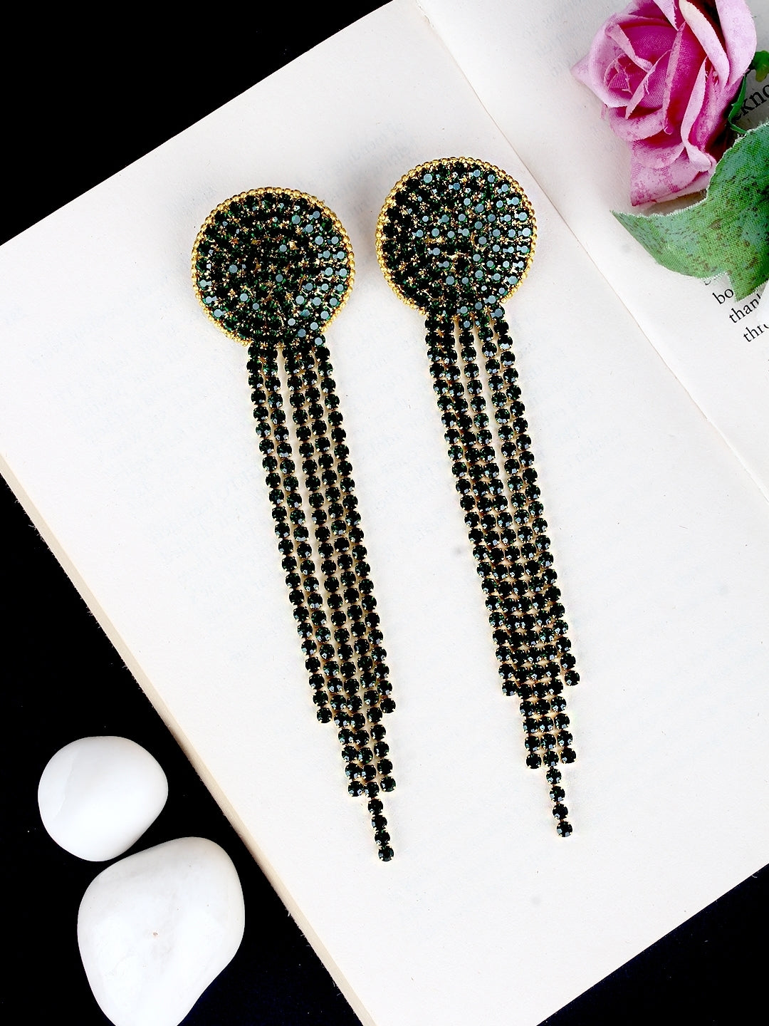 Gold-Plated Gold & Green Rhinestone Studded Contemporary Brass Drop Earrings