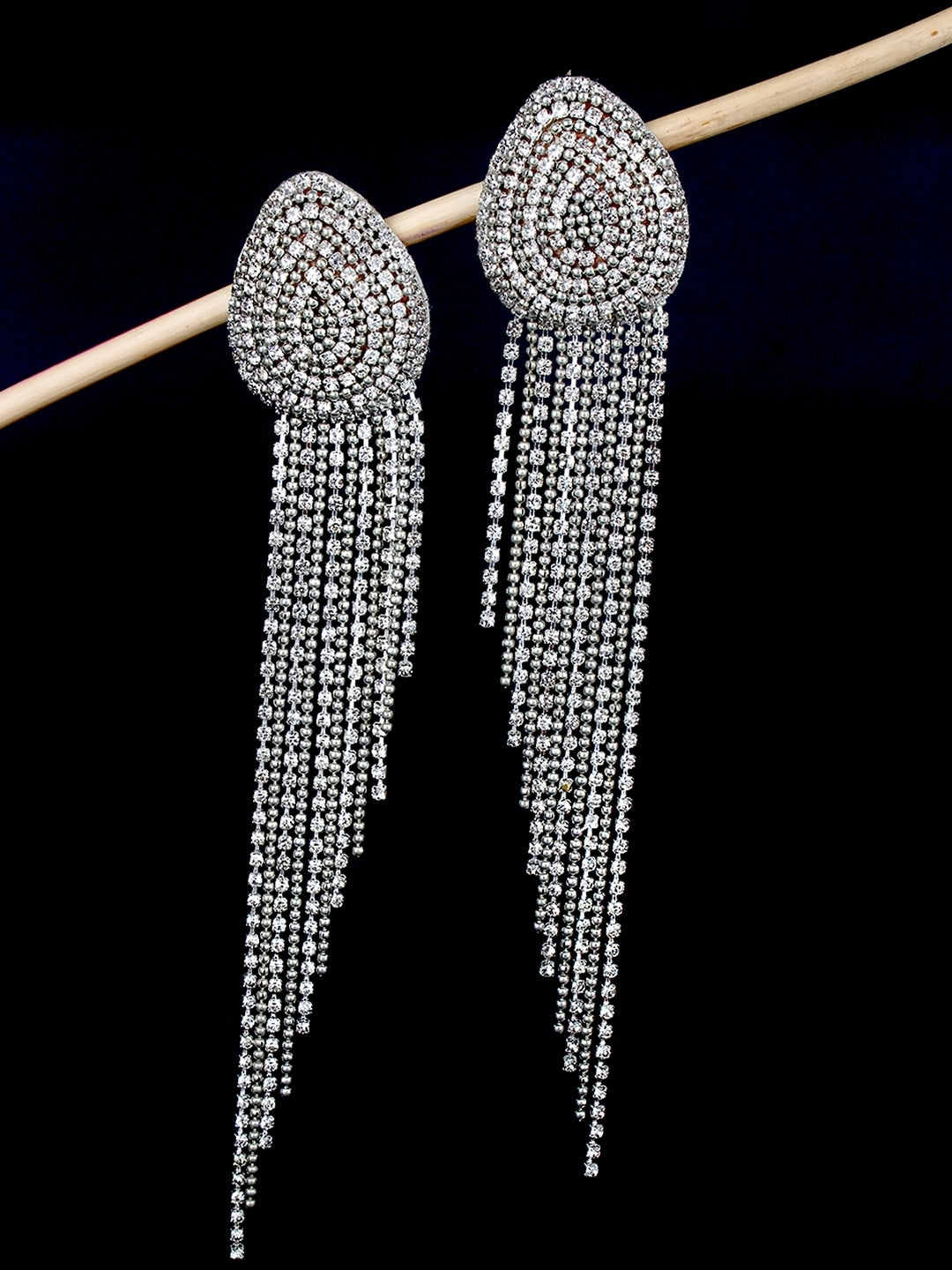 Silver-Plated Silver & Transparent Rhinestone Studded Contemporary Brass Drop Earrings
