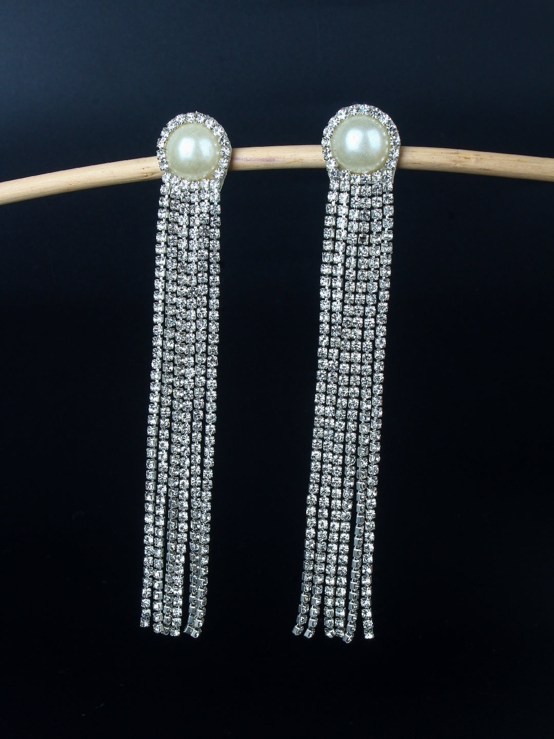 Silver-Plated Silver & Transparent Rhinestone Studded Contemporary Brass Drop Earrings