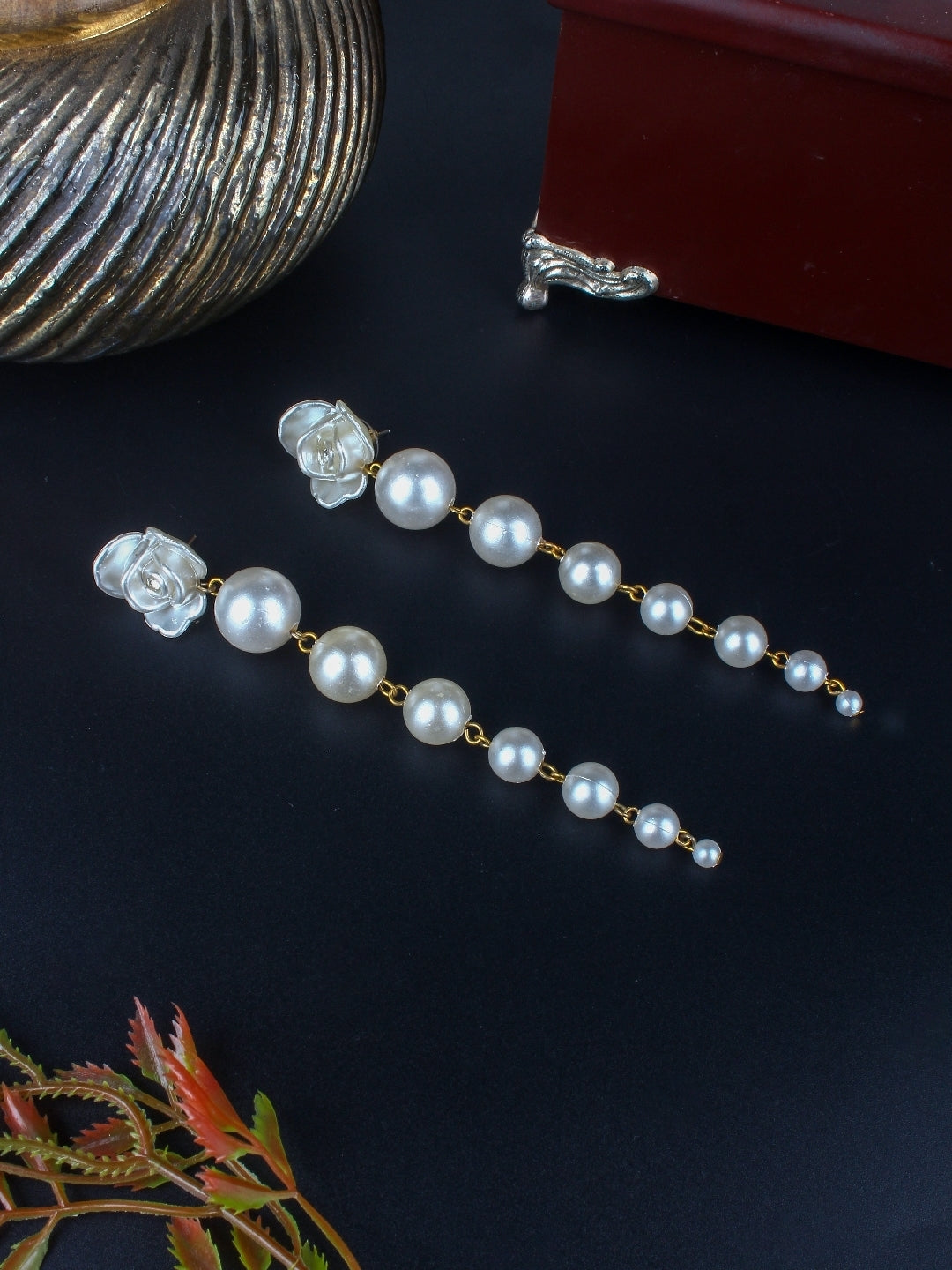 Brass-Plated White & Gold Rhinestone Studded Contemporary Brass Drop Earrings