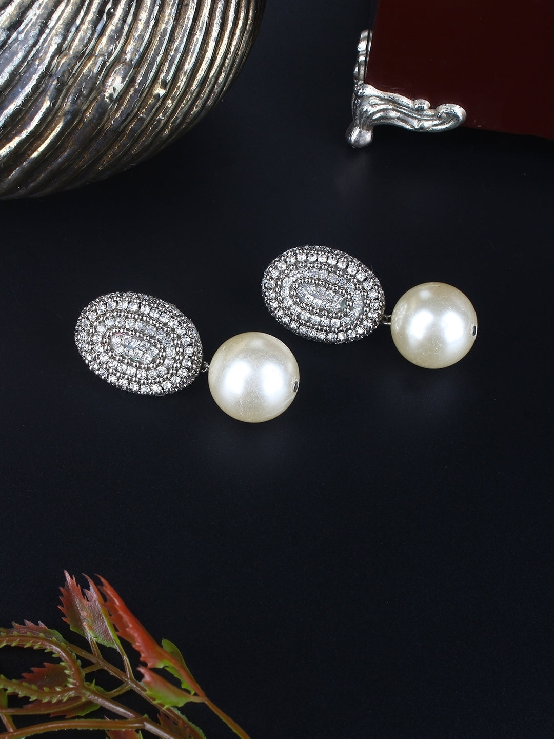 Silver-Plated Silver & Transparent Rhinestone Studded Contemporary Brass Drop Earrings