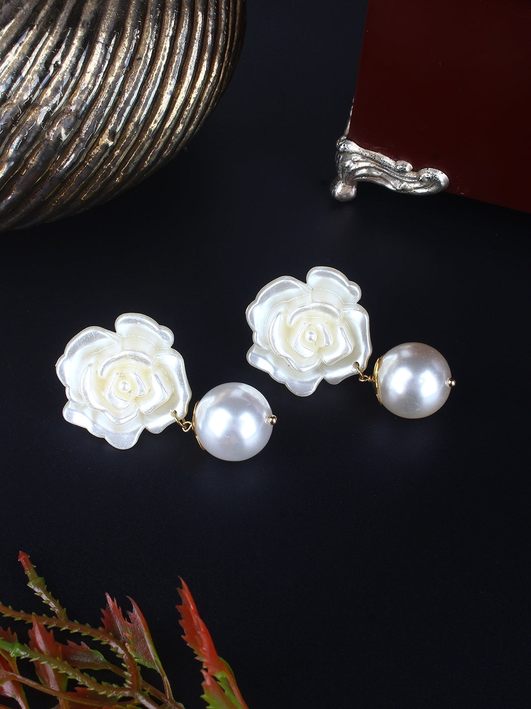 Gold-Plated Gold & White Rhinestone Studded Contemporary Brass Drop Earrings