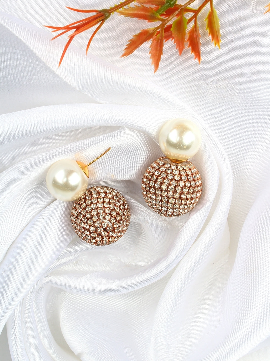 Rose Gold-Plated Rose Gold & White Rhinestone Studded Contemporary Brass Studs