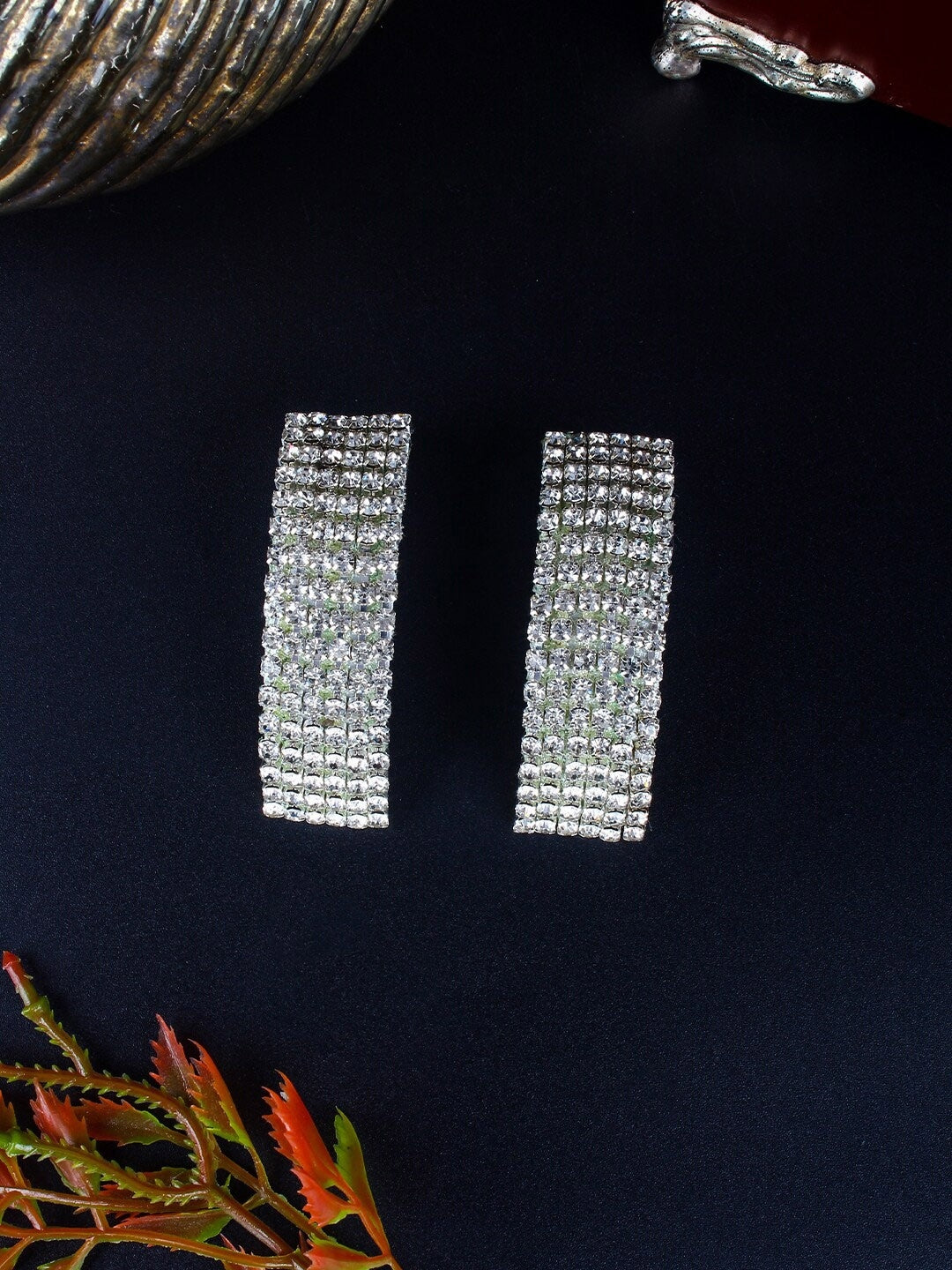 Silver-Plated Silver Rhinestone Drop Earrings