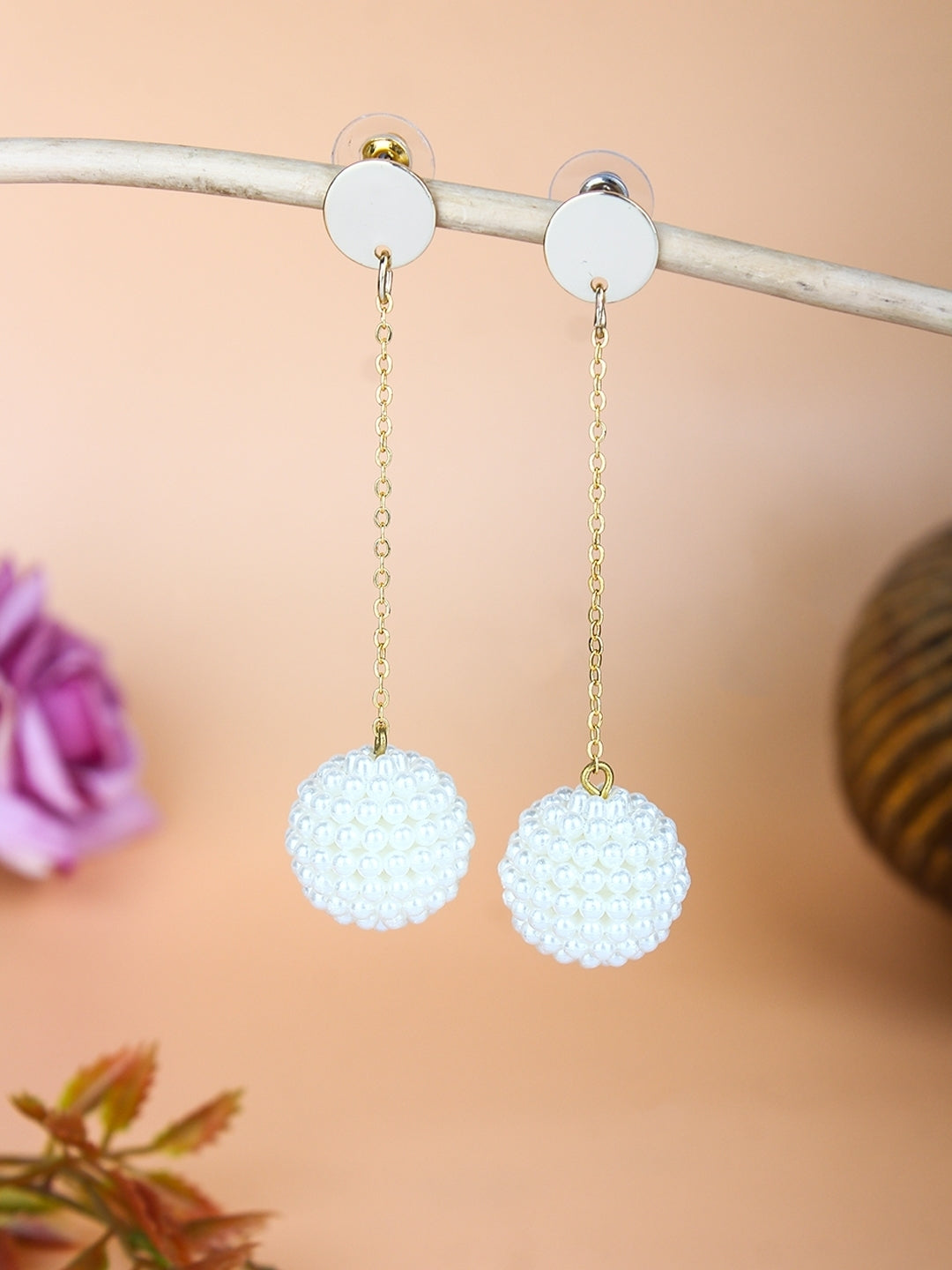 Gold-Plated Gold & White Rhinestone Studded Contemporary Brass Drop Earrings