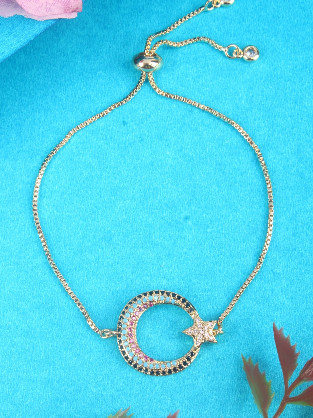 Gold-Plated Gold & Multi Cubic Zirconia Studded Brass Charm Bracelet