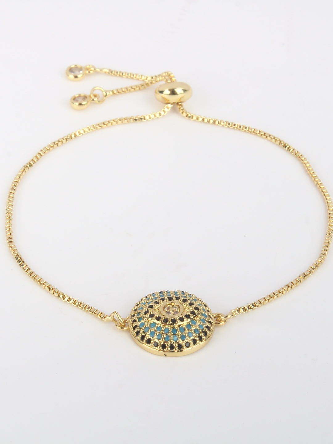 Gold-Plated Gold & Blue Cubic Zirconia Studded Brass Charm Bracelet