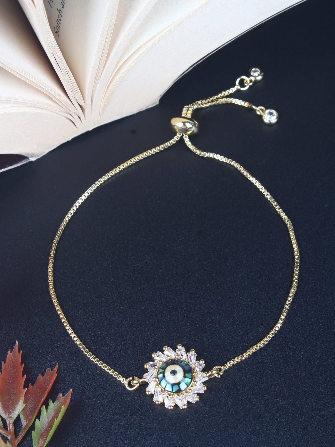 Gold-Plated Gold & Transparent Cubic Zirconia Studded Brass Charm Bracelet