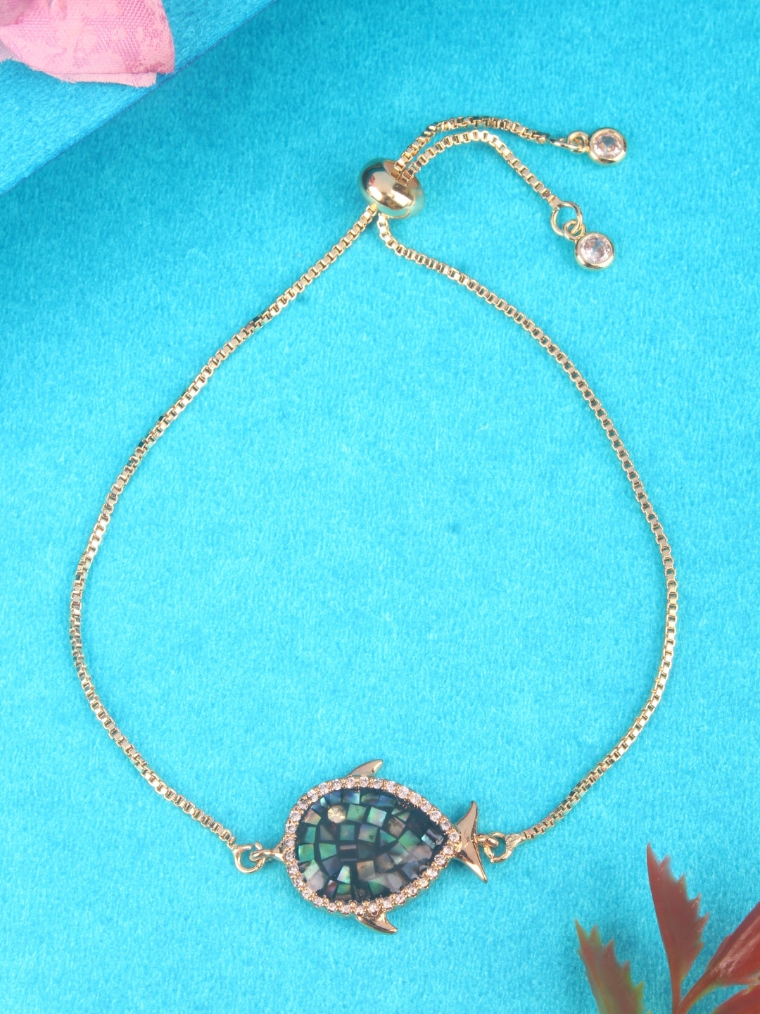 Gold-Plated Gold & Transparent Cubic Zirconia Studded Brass Charm Bracelet