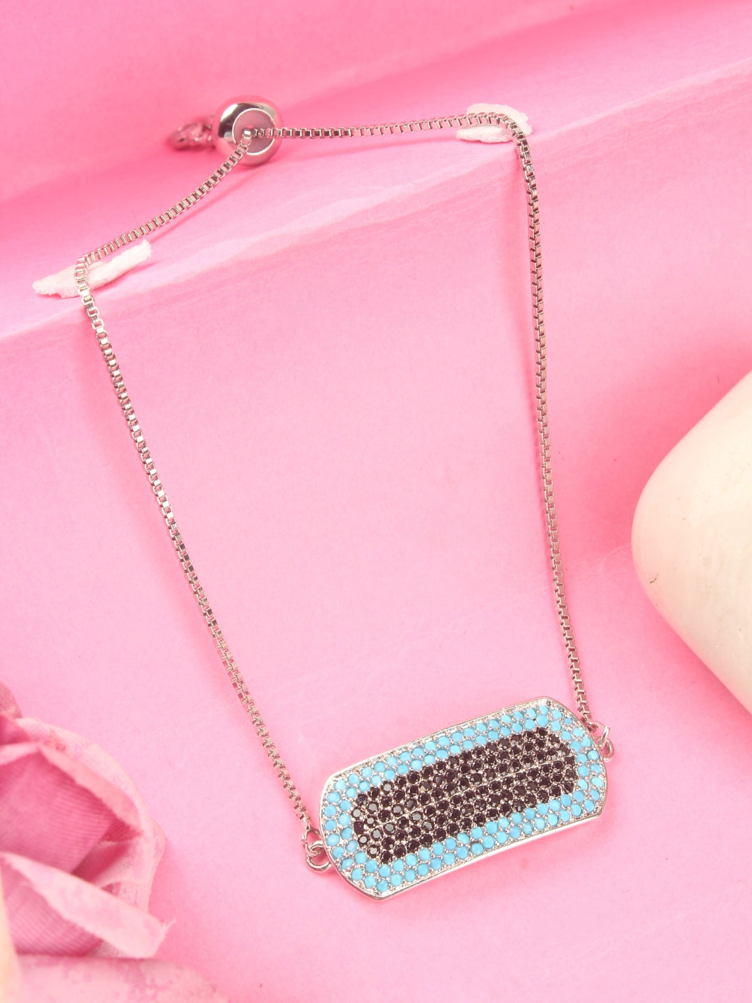 Gold-Plated Gold & Blue Cubic Zirconia Studded Brass Charm Bracelet