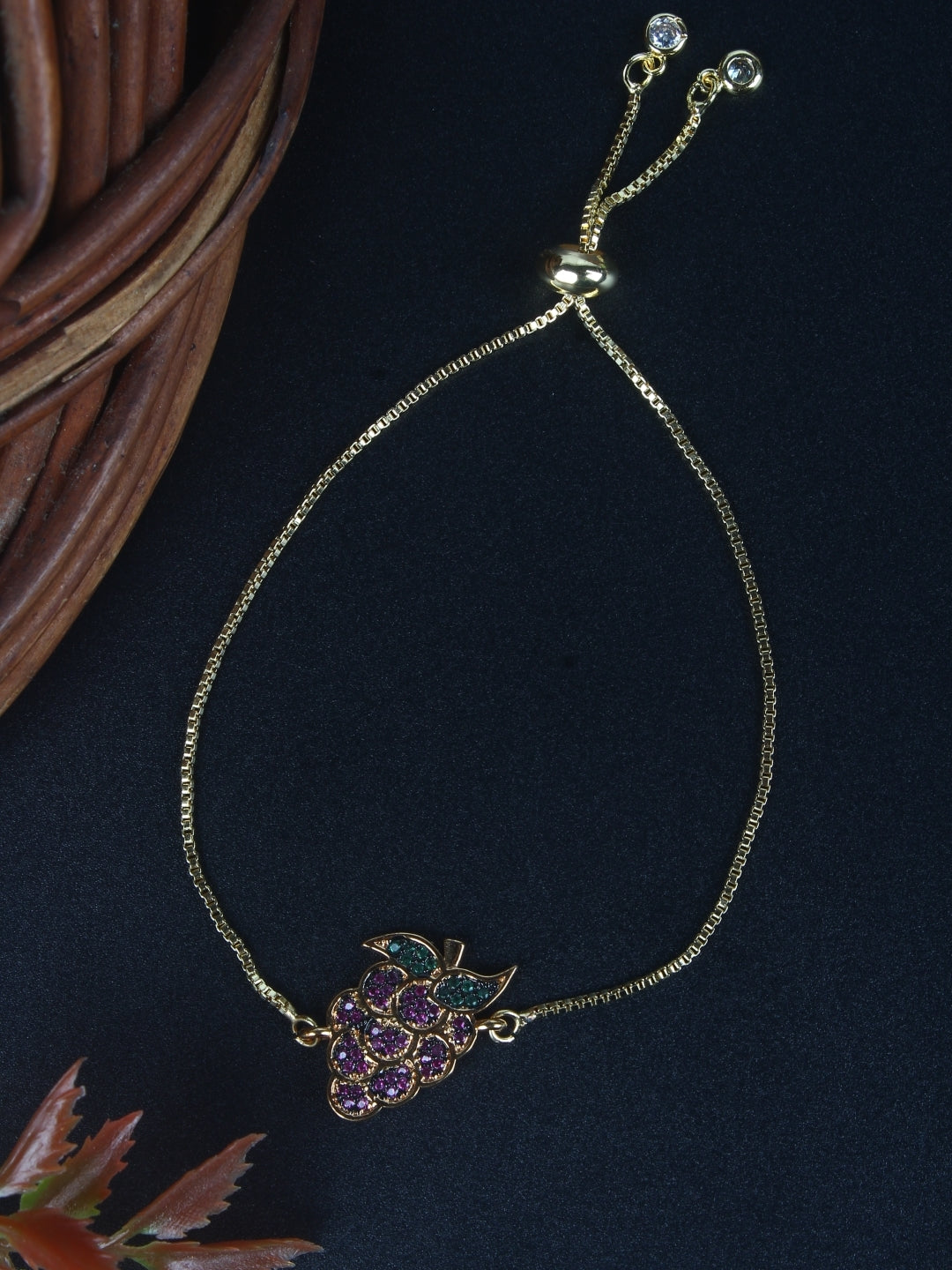 Gold-Plated Gold & Purple Cubic Zirconia Studded Brass Charm Bracelet