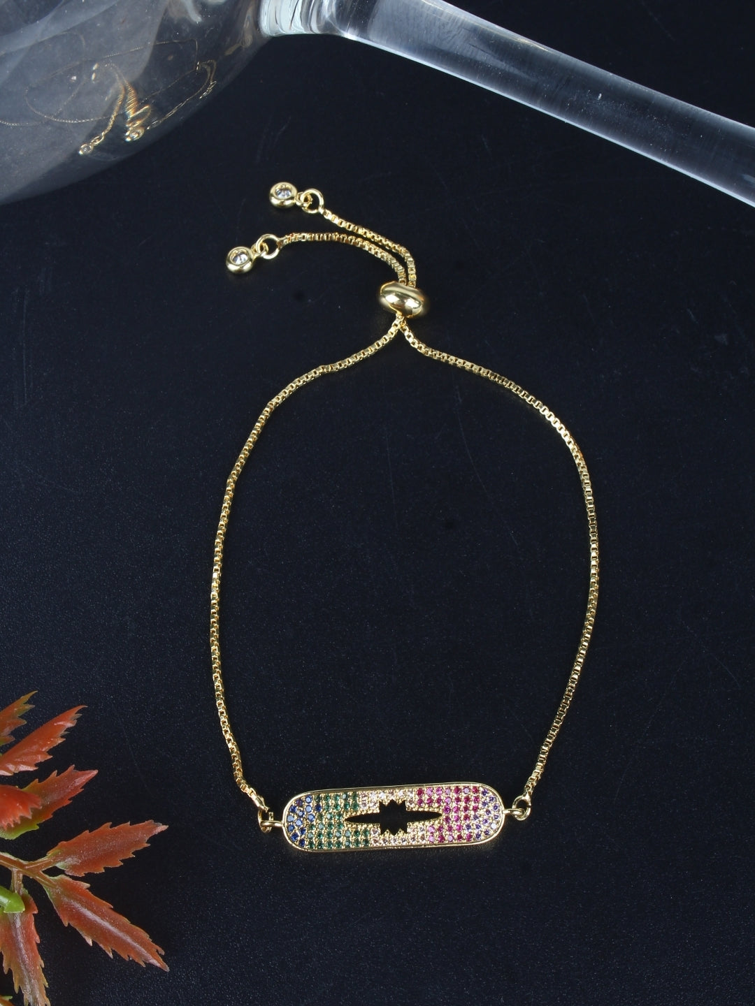 Gold-Plated Gold & Multi Cubic Zirconia Studded Brass Charm Bracelet