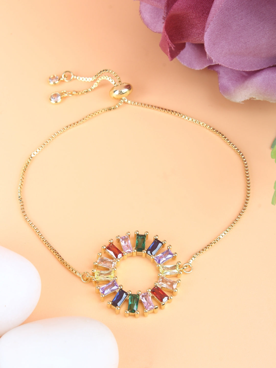 Gold-Plated Gold & Multi Cubic Zirconia Studded Brass Charm Bracelet