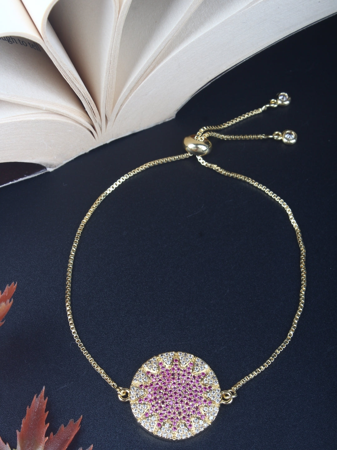 Gold-Plated Gold & Purple Cubic Zirconia Studded Brass Charm Bracelet