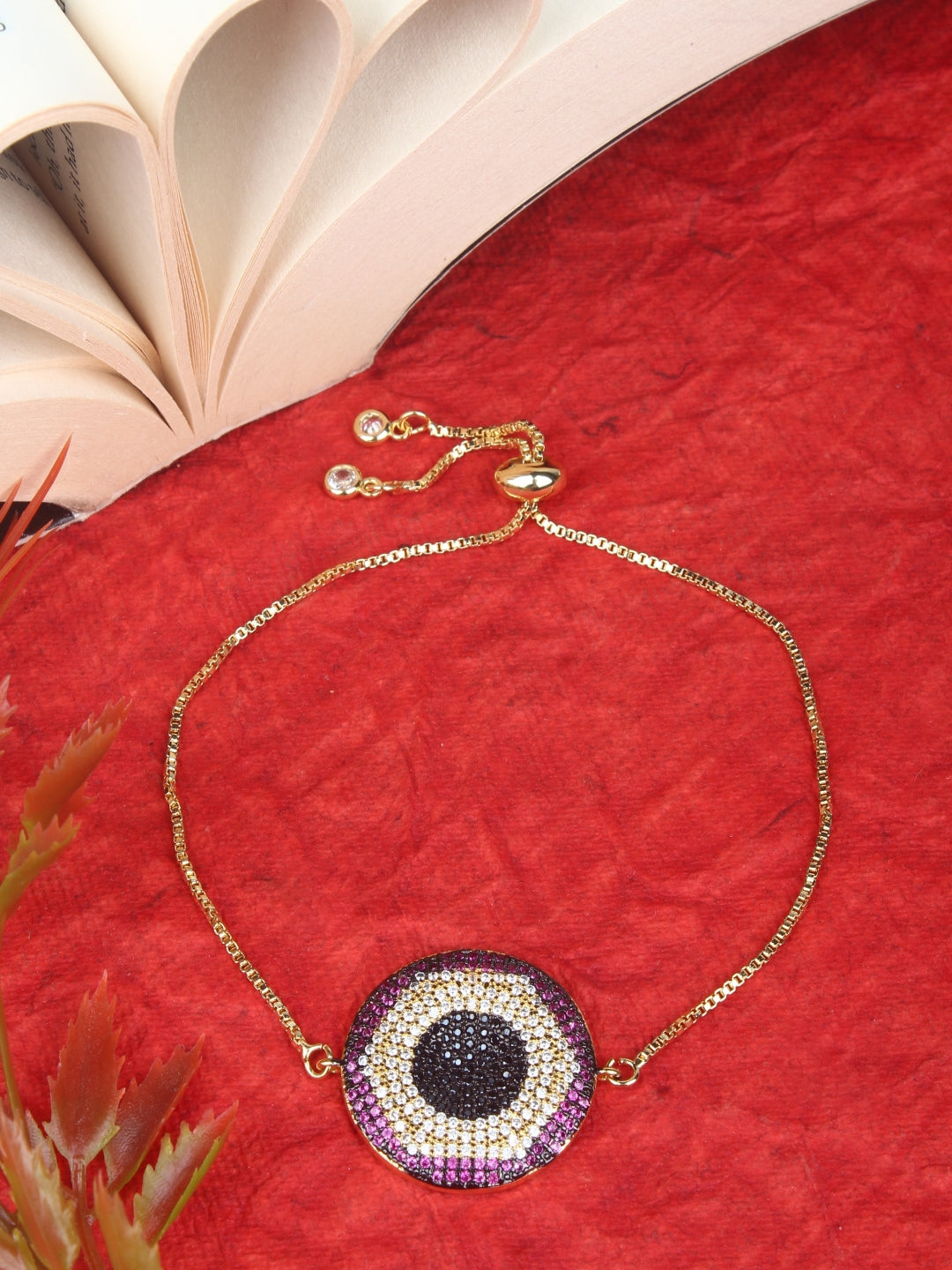 Gold-Plated Gold & Purple Cubic Zirconia Studded Brass Charm Bracelet