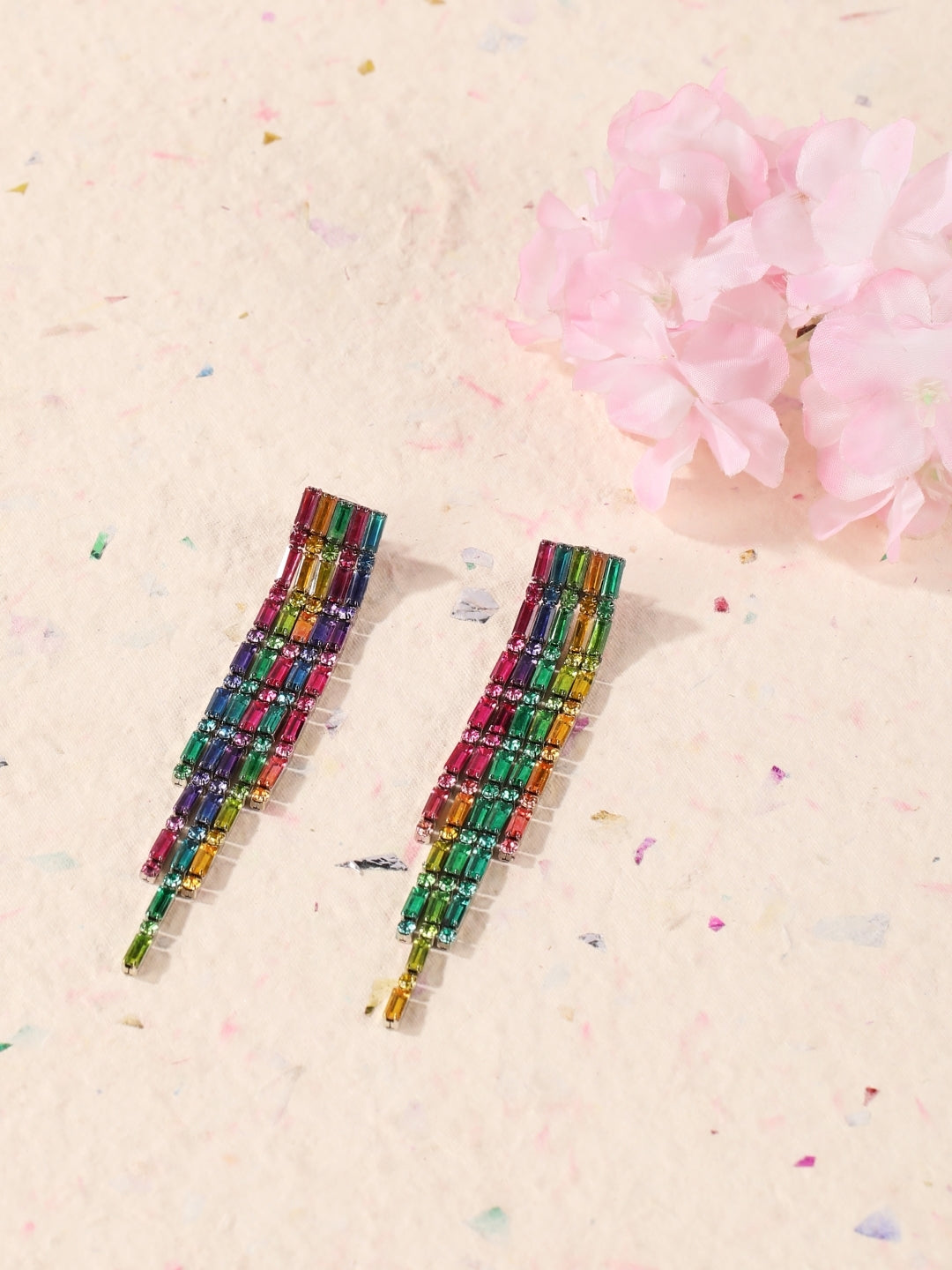 Silver-Plated Silver Rhinestone Studded Brass Handcrafted Drop Earrings