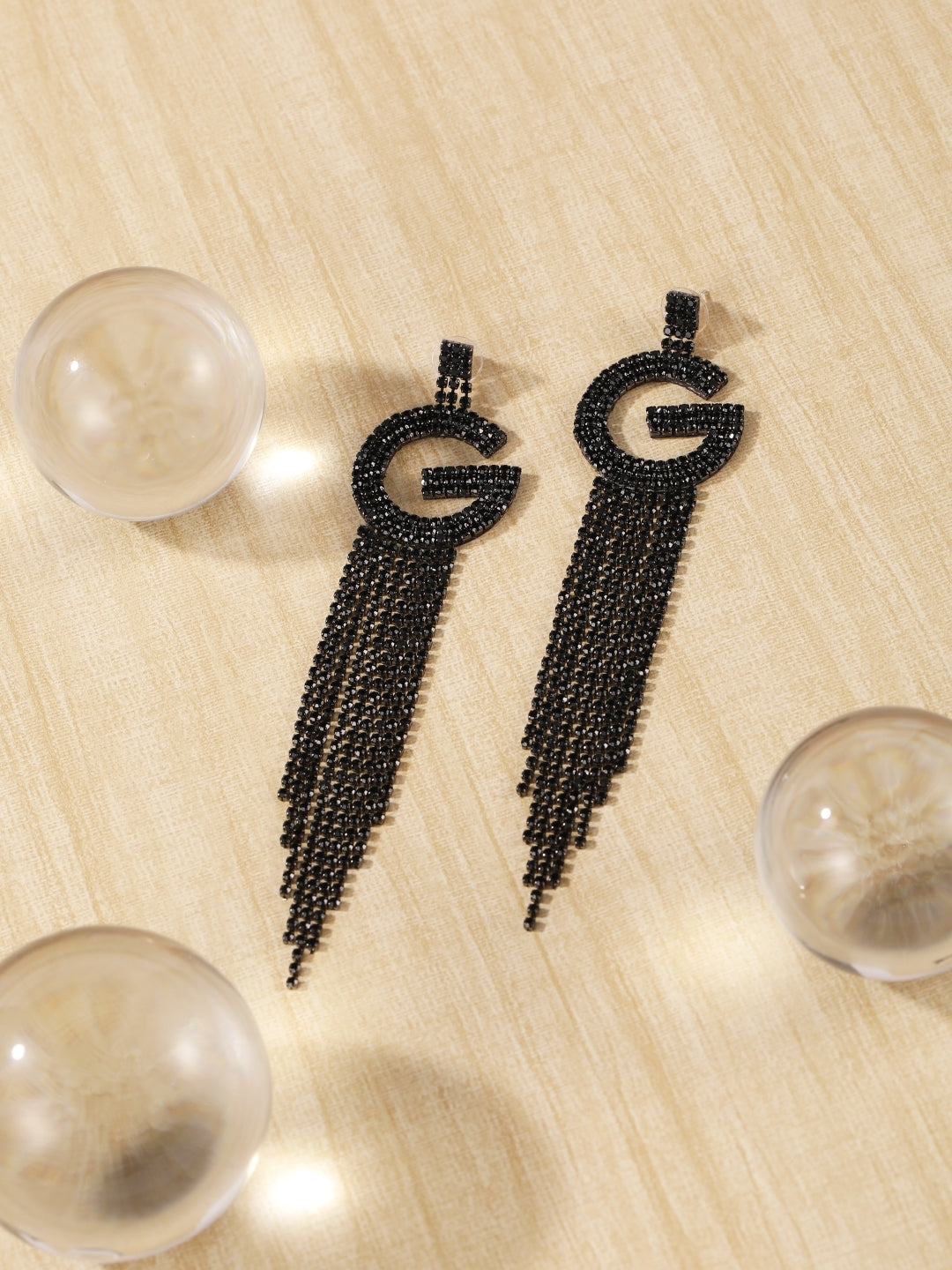 Brass-Plated Black Rhinestone Studded Brass Handcrafted Drop Earrings