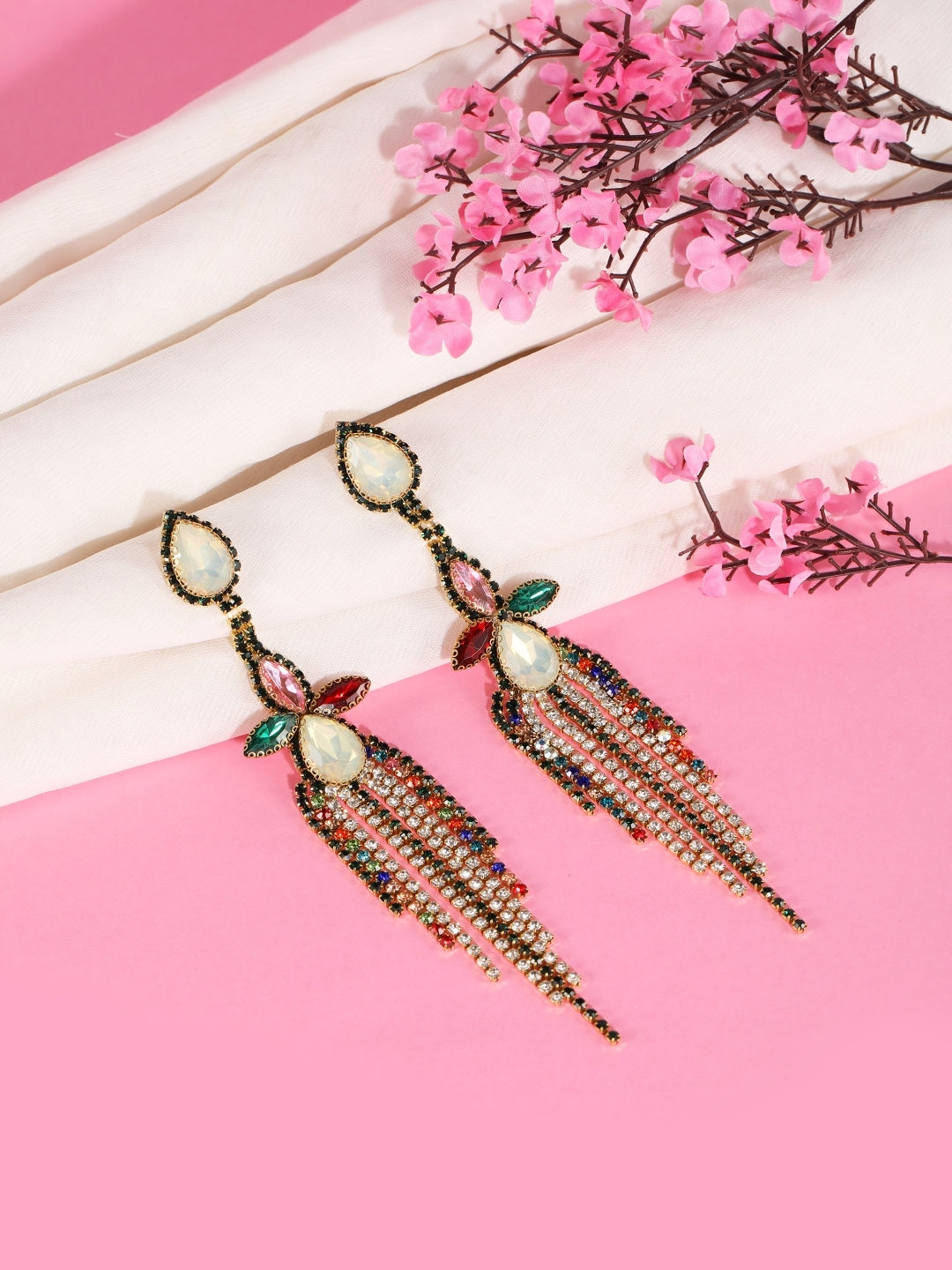 Gold-Plated Gold Rhinestone Studded Brass Handcrafted Drop Earrings