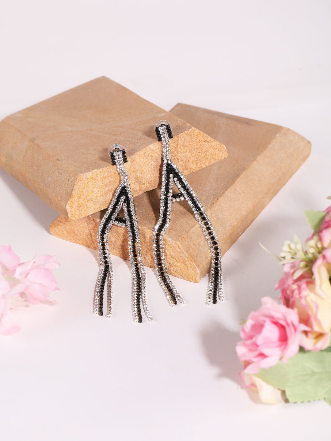 Silver-Plated Silver Rhinestone Studded Brass Handcrafted Drop Earrings