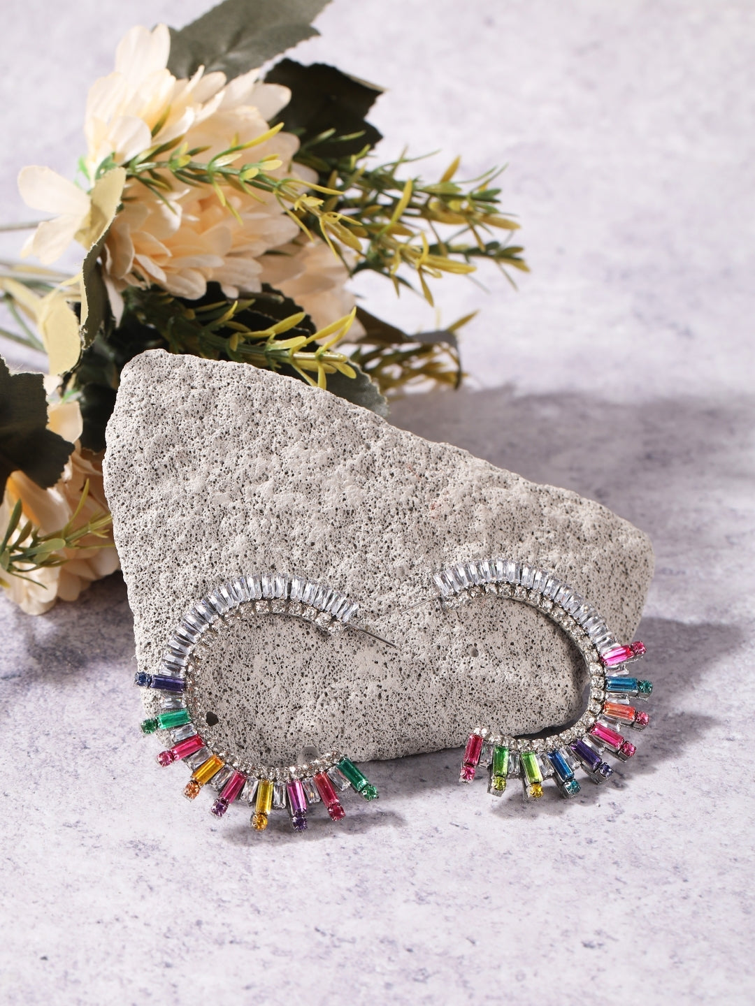 Silver-Plated Silver Rhinestone Studded Brass Handcrafted Half Hoop Earrings