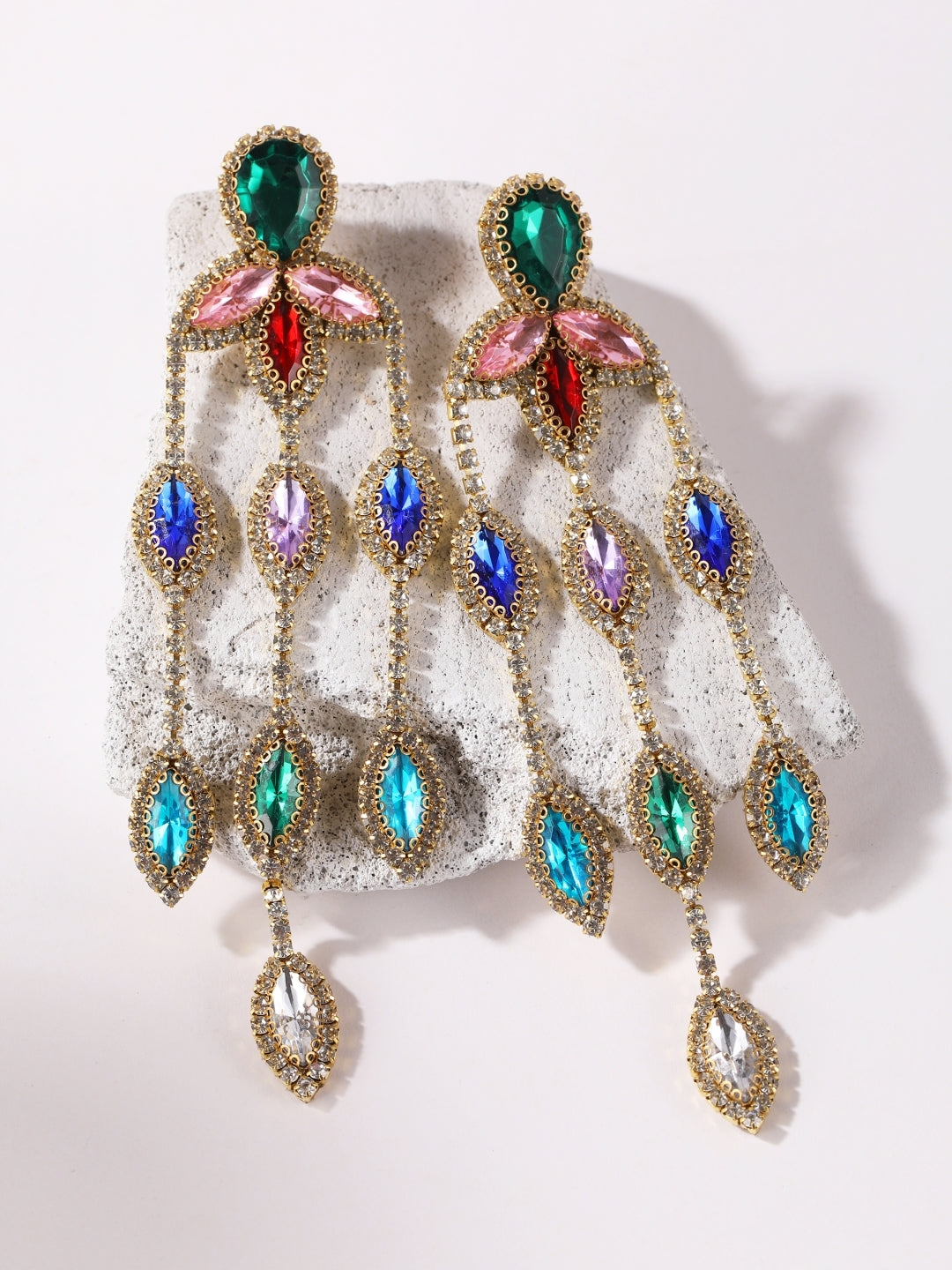 Gold-Plated Gold Rhinestone Studded Brass Handcrafted Drop Earrings