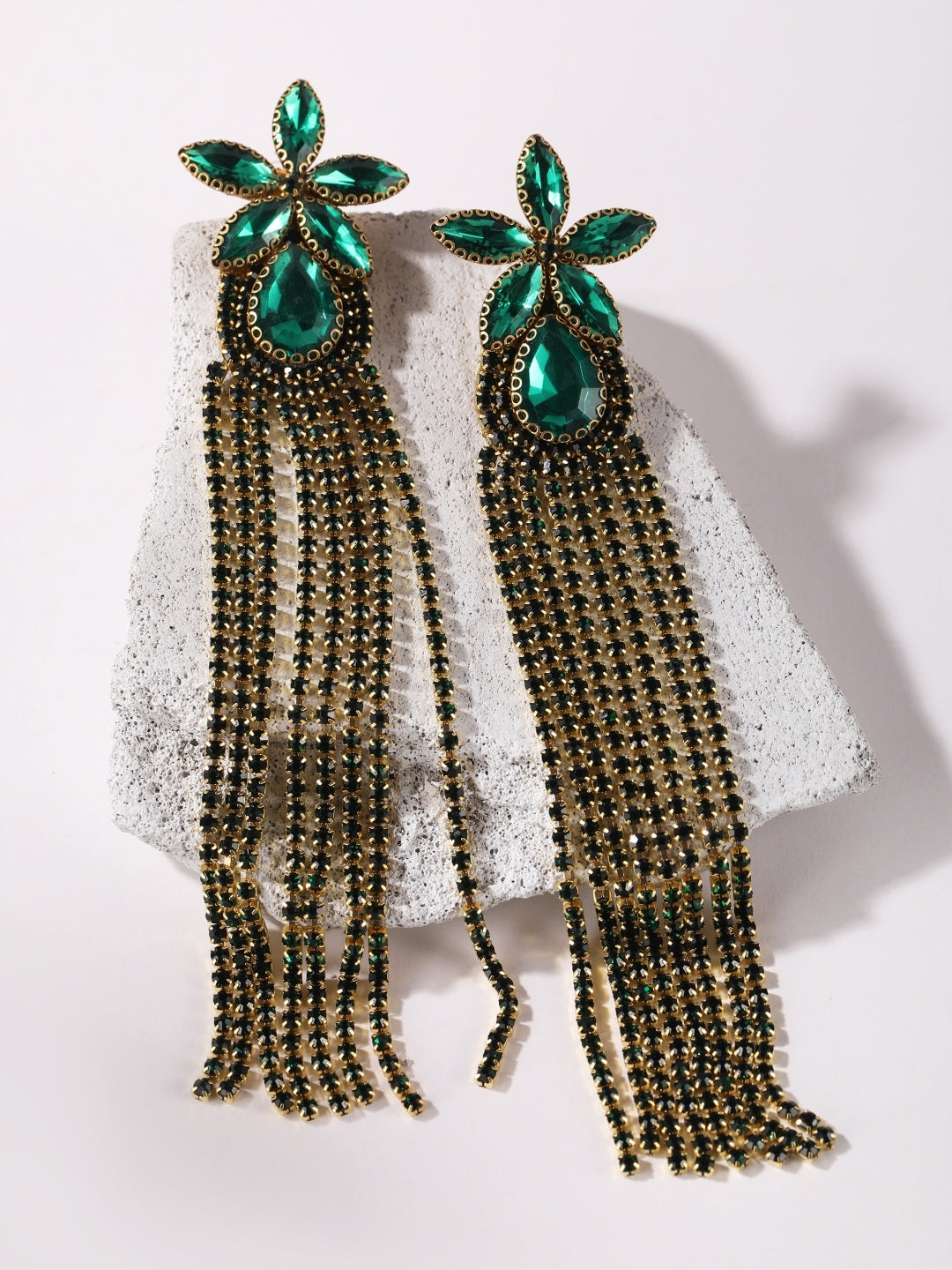 Gold-Plated Gold Rhinestone Studded Brass Handcrafted Drop Earrings