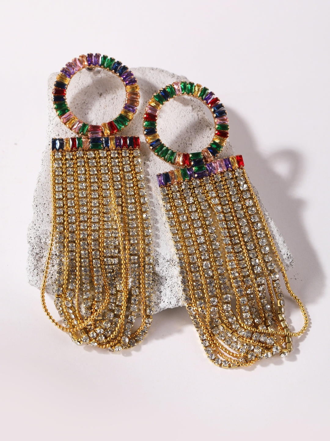 Gold-Plated Gold Rhinestone Studded Brass Handcrafted Drop Earrings